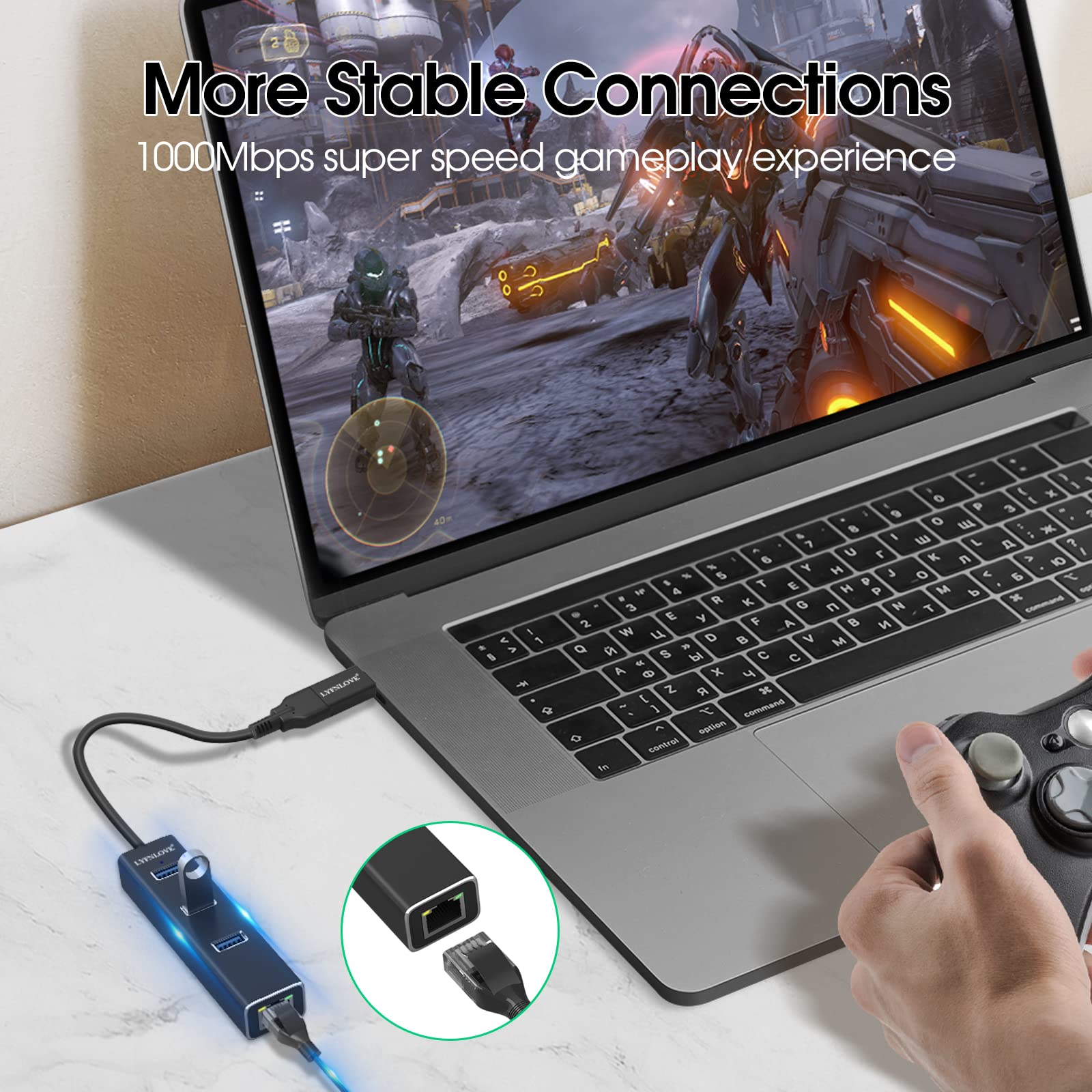 7-in-1 USB 3.0 Hub with Ethernet Port - High Speed USB Splitter & Extender for Laptop, MacBook Pro/Air, iMac - Aluminum Multi-Port Adapter for Home Office, Gaming & Travel Use