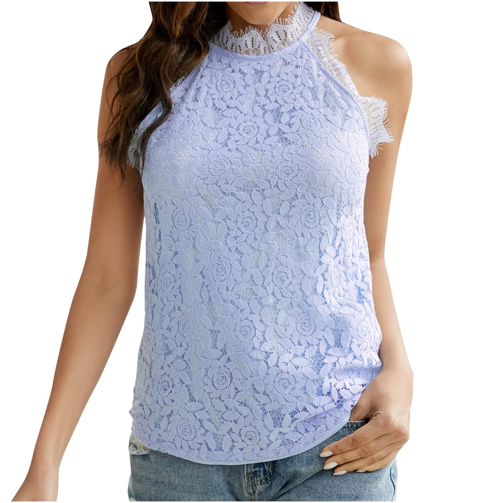 Women's Summer Sleeveless Lace T-Shirt - Solid Color Crew Neck Loose Fit Casual Top - Soft & Breathable for Beach, Vacation, and Everyday Wear