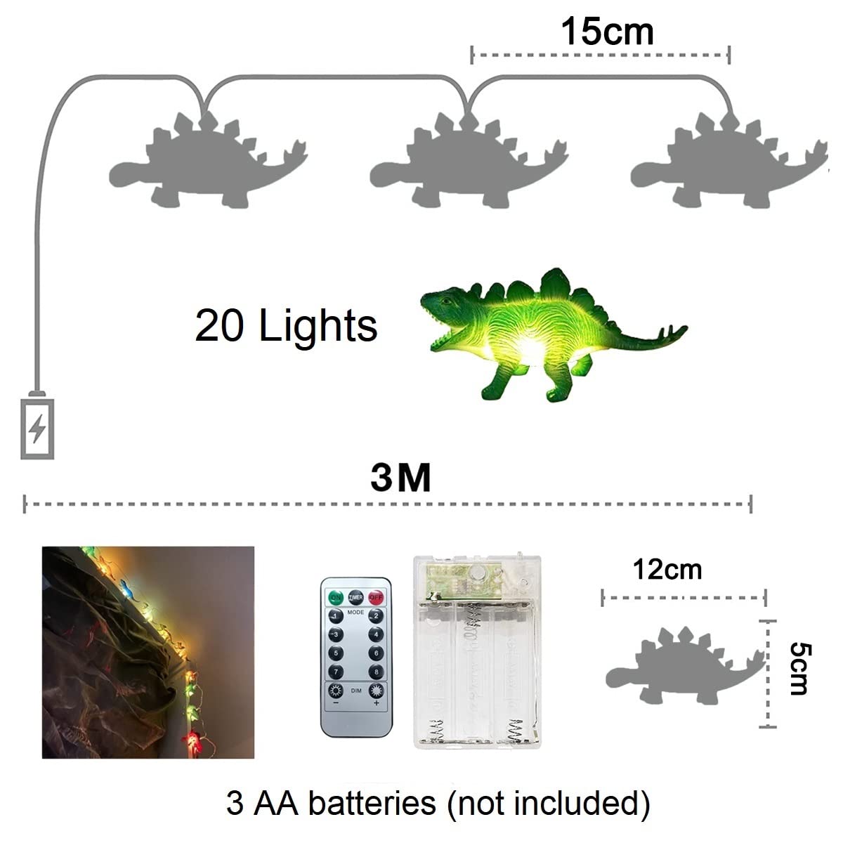Dinosaur String Lights Battery Powered - 9.8Ft 20 LED Dino Toy Lights with Remote Control, 8 Lighting Modes for Bedroom, Birthday Party, Christmas Tree & Home Decor | Perfect for Kids Room, Nursery, Themed Parties & Holiday Decorations