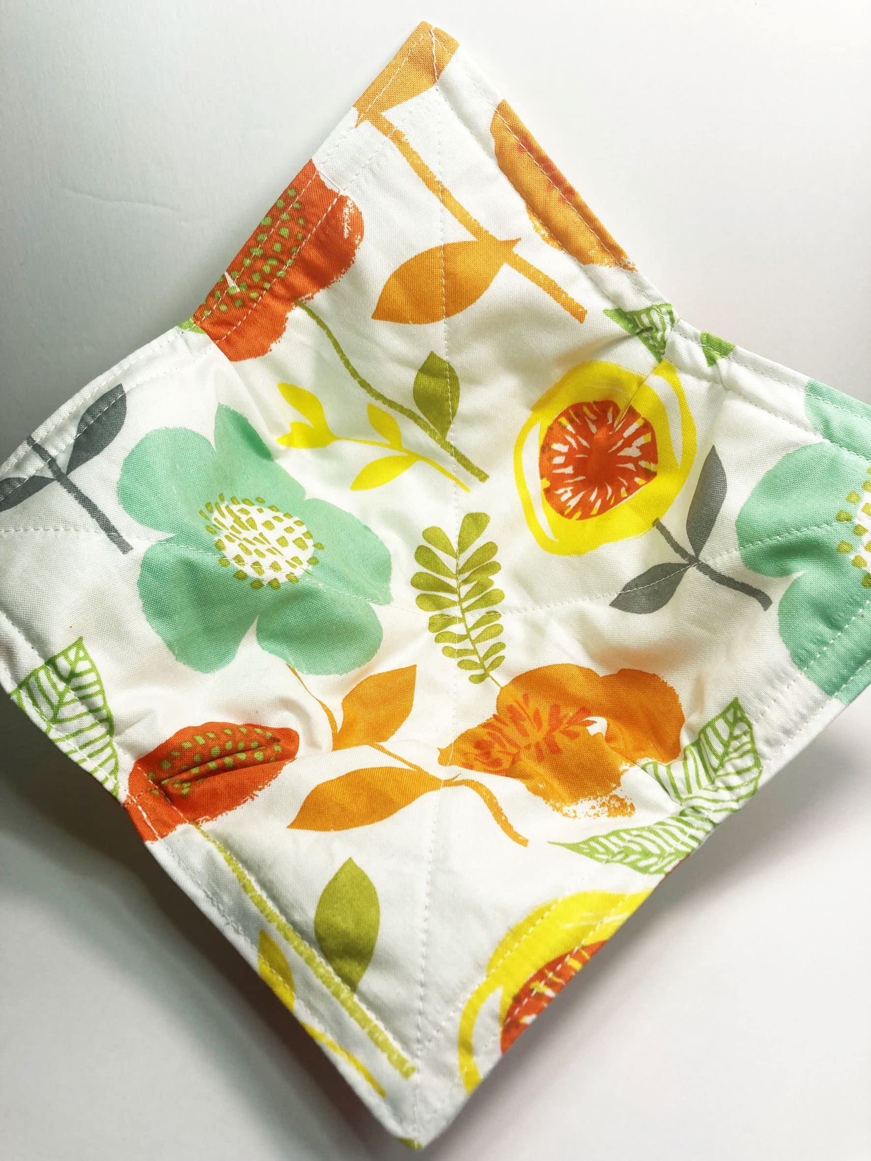 Set of 2 Microwave Bowl Cozies - 8.5 Inch Heat Resistant Cotton Bowl Holders for 8 Inch Bowls, Modern Floral Print (Orange Yellow Aqua) - Perfect for Hot Soup, Oatmeal & Microwave Meals
