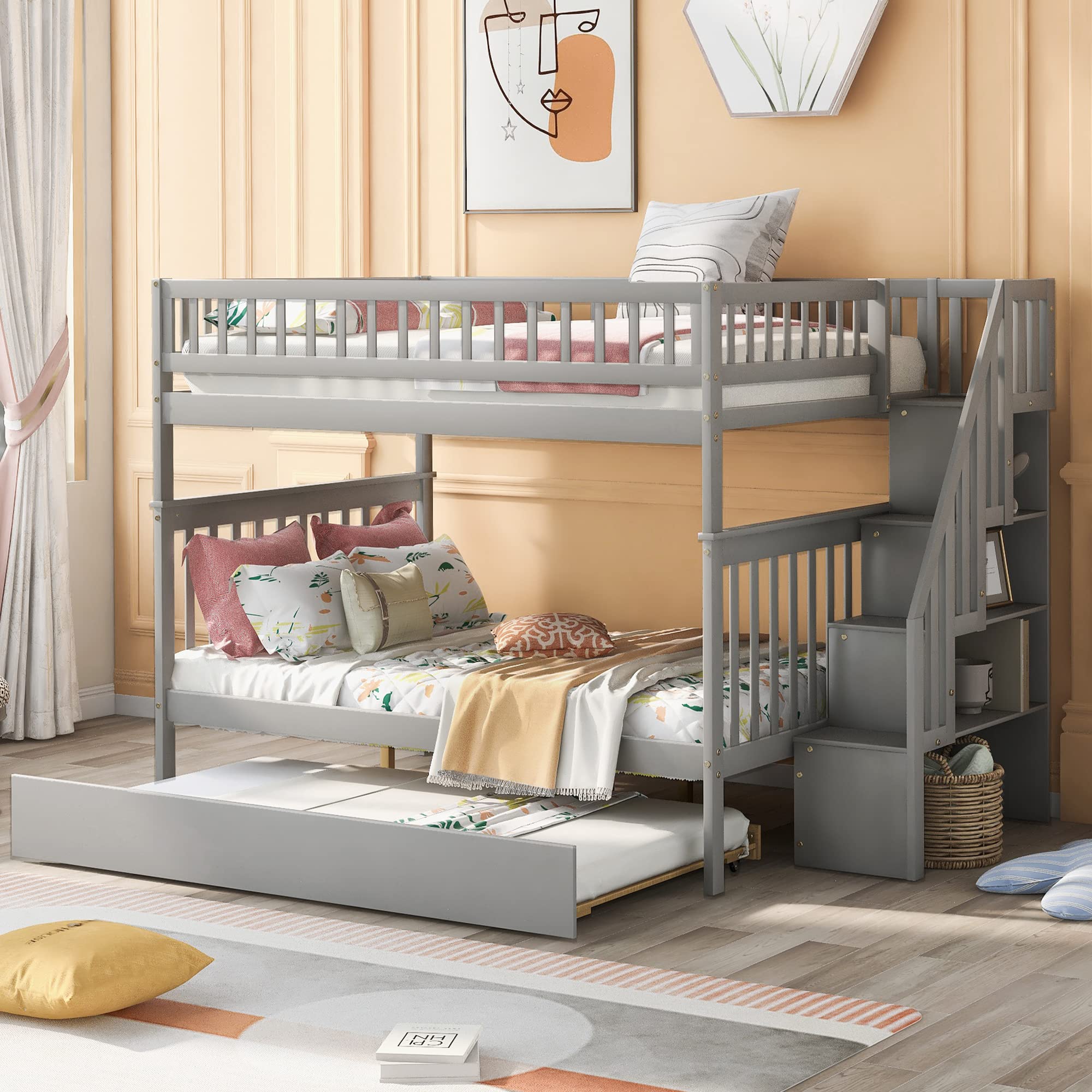 Rockjame Full Over Full Bunk Bed with Trundle - Convertible Wooden Bunk Bed Frame with Stairway, Slat Support & Safety Guardrails - Splits into 2 Separate Full Beds (Gray) - Perfect for Kids' Bedrooms, Guest Rooms & Space-Saving Home Solutions