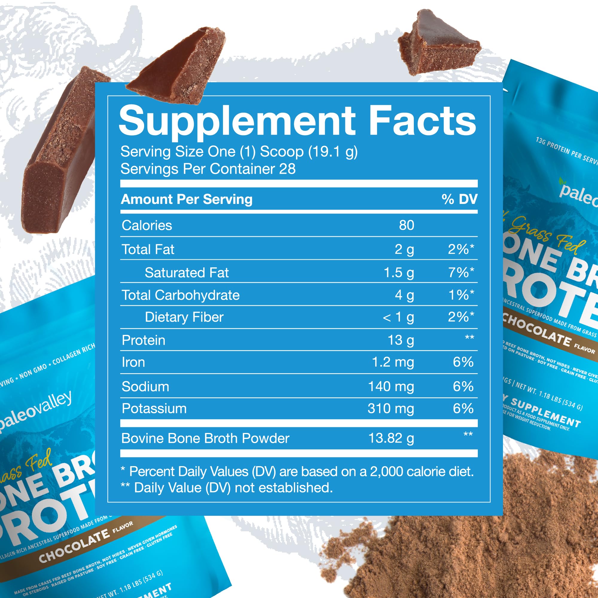 Paleovalley 100% Grass Fed Bone Broth Protein Powder - Chocolate Flavor - High in Collagen for Hair, Skin & Gut Health - Supports Bones & Joints - 28 Servings - Perfect for Smoothies, Baking & Post-Workout Recovery