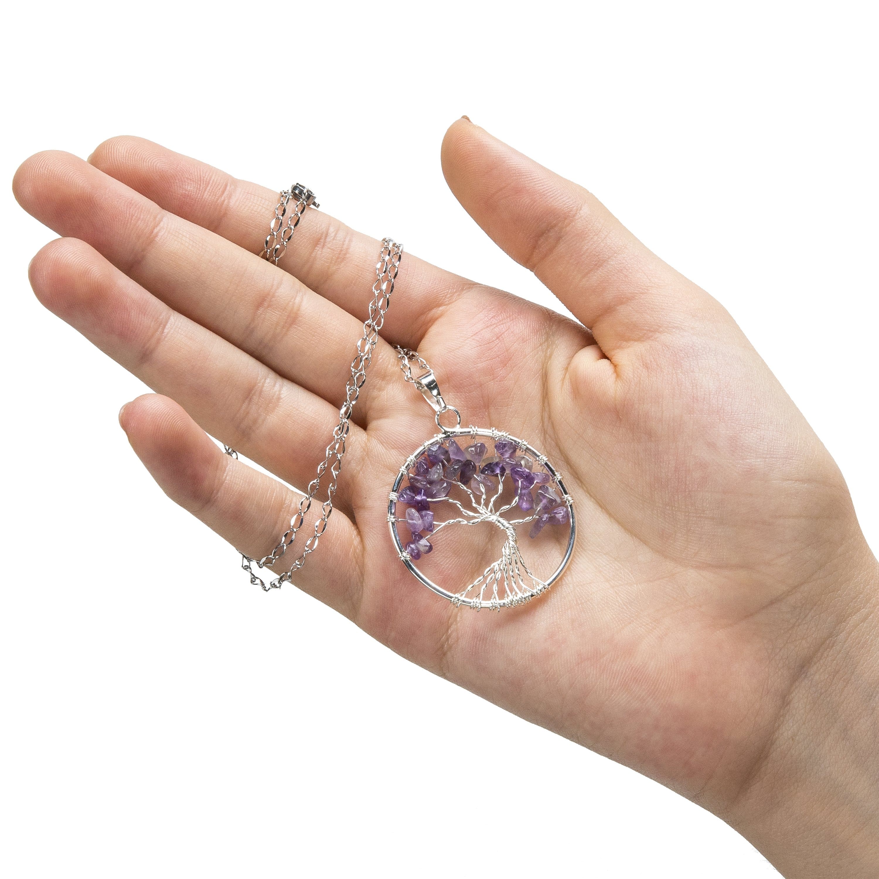 Amethyst Chakra Healing Gemstone Tree of Life Pendant Necklace with Stainless Steel Chain - Spiritual Jewelry for Meditation, Yoga & Energy Balance