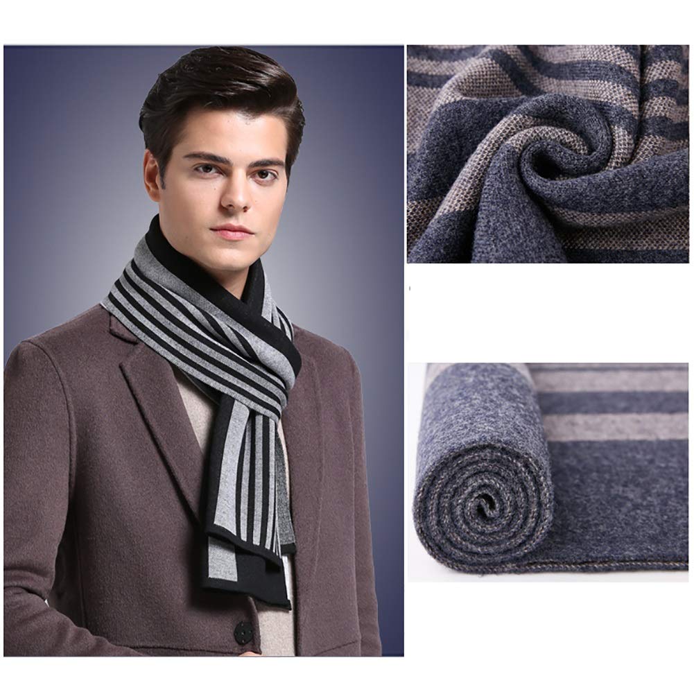 Premium 100% Wool Men's Winter Scarf - Soft Warm Striped Fashion Scarf for Men & Women, Unisex Winter Accessory (Blue) - Perfect for Cold Weather, Office, Travel & Holiday Gifts
