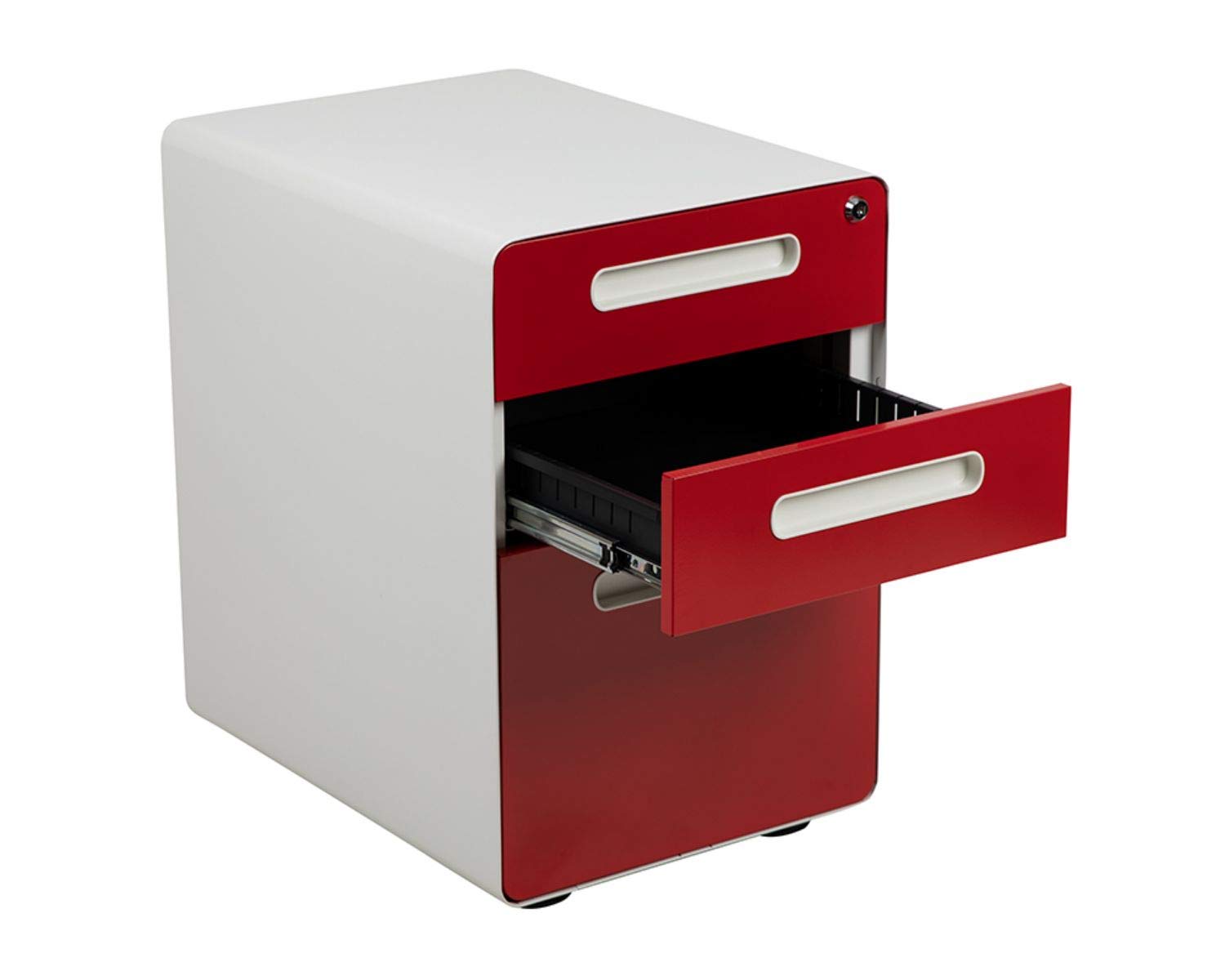 Flash Furniture Wren Ergonomic 3-Drawer Mobile Locking File Cabinet with Anti-Tilt Mechanism - Letter/Legal Size Drawers - White with Red Faceplate - Perfect for Home Office, Small Business & Professional Workspaces
