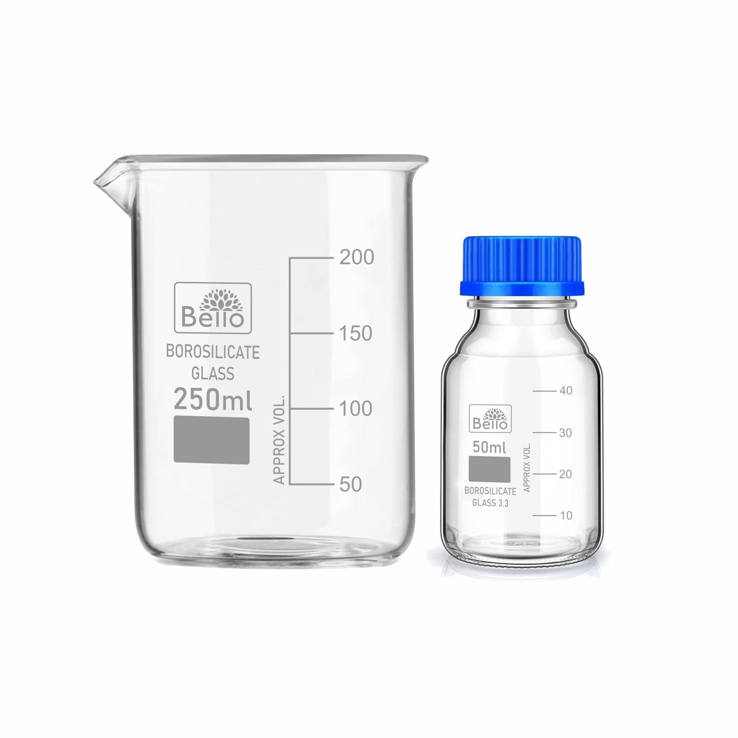 Borosilicate Glass Measuring Beaker Set - 250ml & 50ml with Leak-Proof Blue Screw Caps (Pack of 2) for Chemistry Lab, Scientific Experiments, Kitchen Measuring & Professional Use | Ideal for Liquid Measurement, Mixing Solutions & Precise Cooking