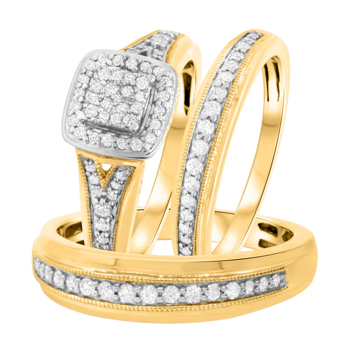 1.50 Ct Cubic Zirconia 14K Gold Plated Trio Engagement Ring Set for Couples - Matching His & Hers Wedding Bands - Anniversary, Proposal, Valentine's Gift Idea