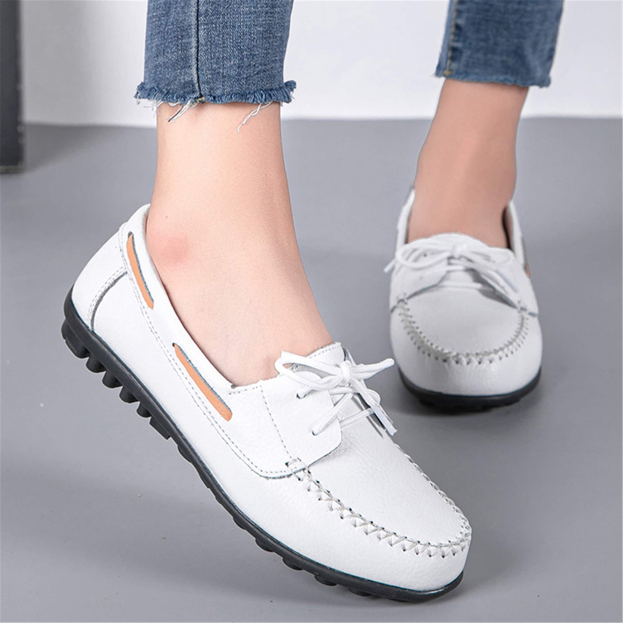 Women's Comfortable Leather Loafers - Slip On Soft Driving Shoes for Casual Wear & Work - Breathable Flat Shoes in White - Perfect for Office, Travel & Everyday Use