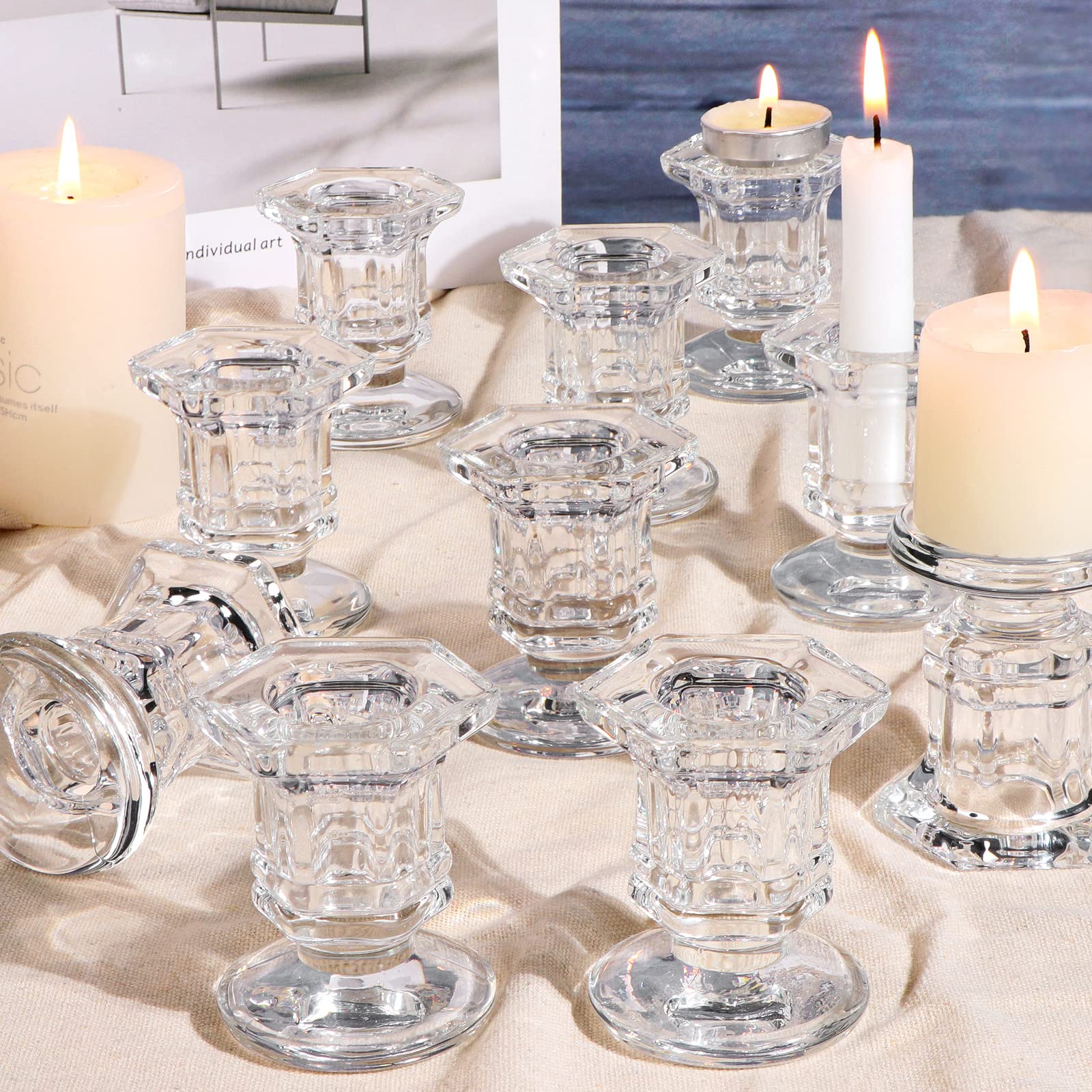 12-Piece Clear Glass Candlestick Holders Set - Bulk Crystal Taper Candle Holders for Wedding Centerpieces, Dining Table Decor & Home Decoration - Perfect for Romantic Dinners, Holiday Decor & Party Decorations