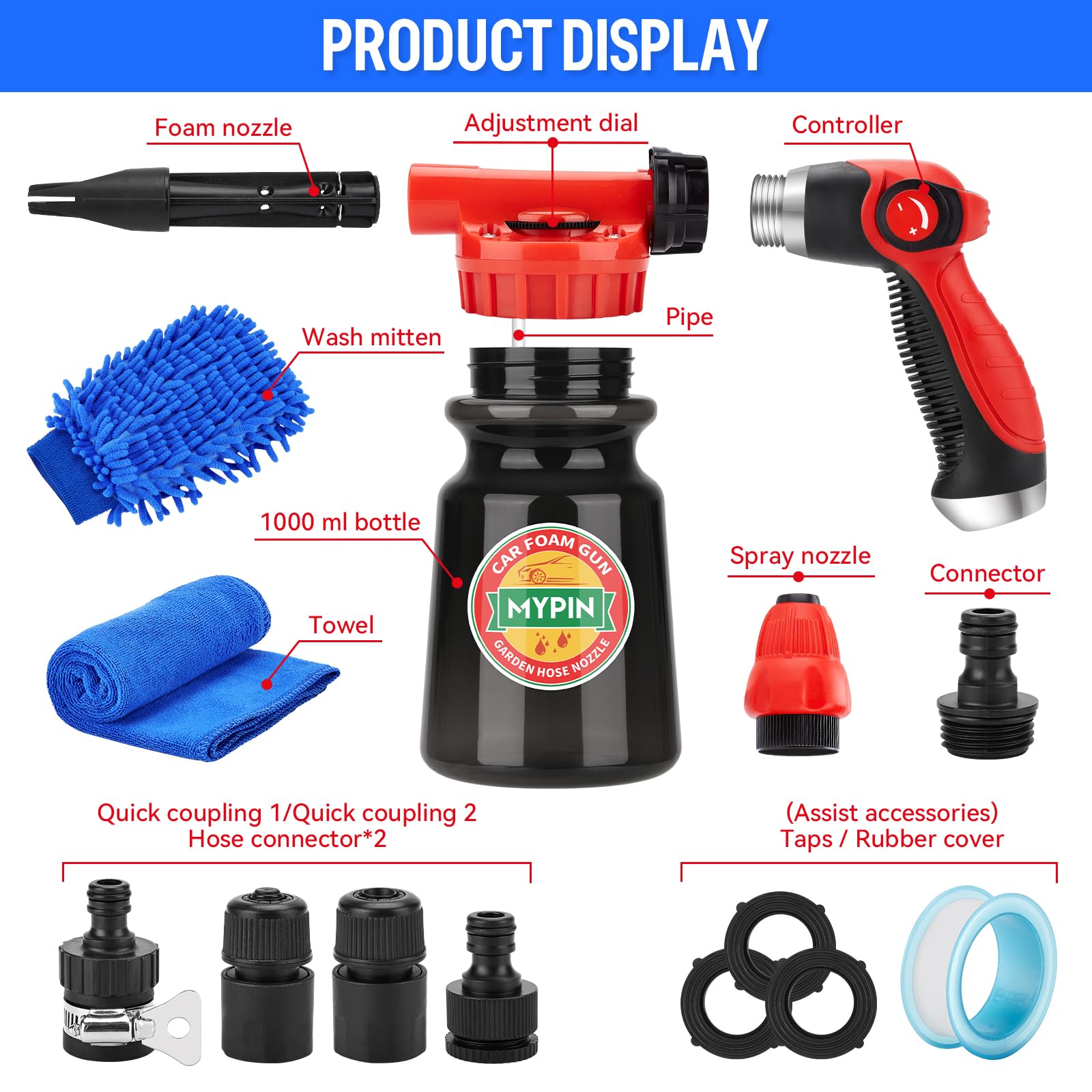 16 IN 1 Car Wash Foam Gun & Foam Cannon - Adjustable Pressure Sprayer (2.5-6 Bars) with 1/2