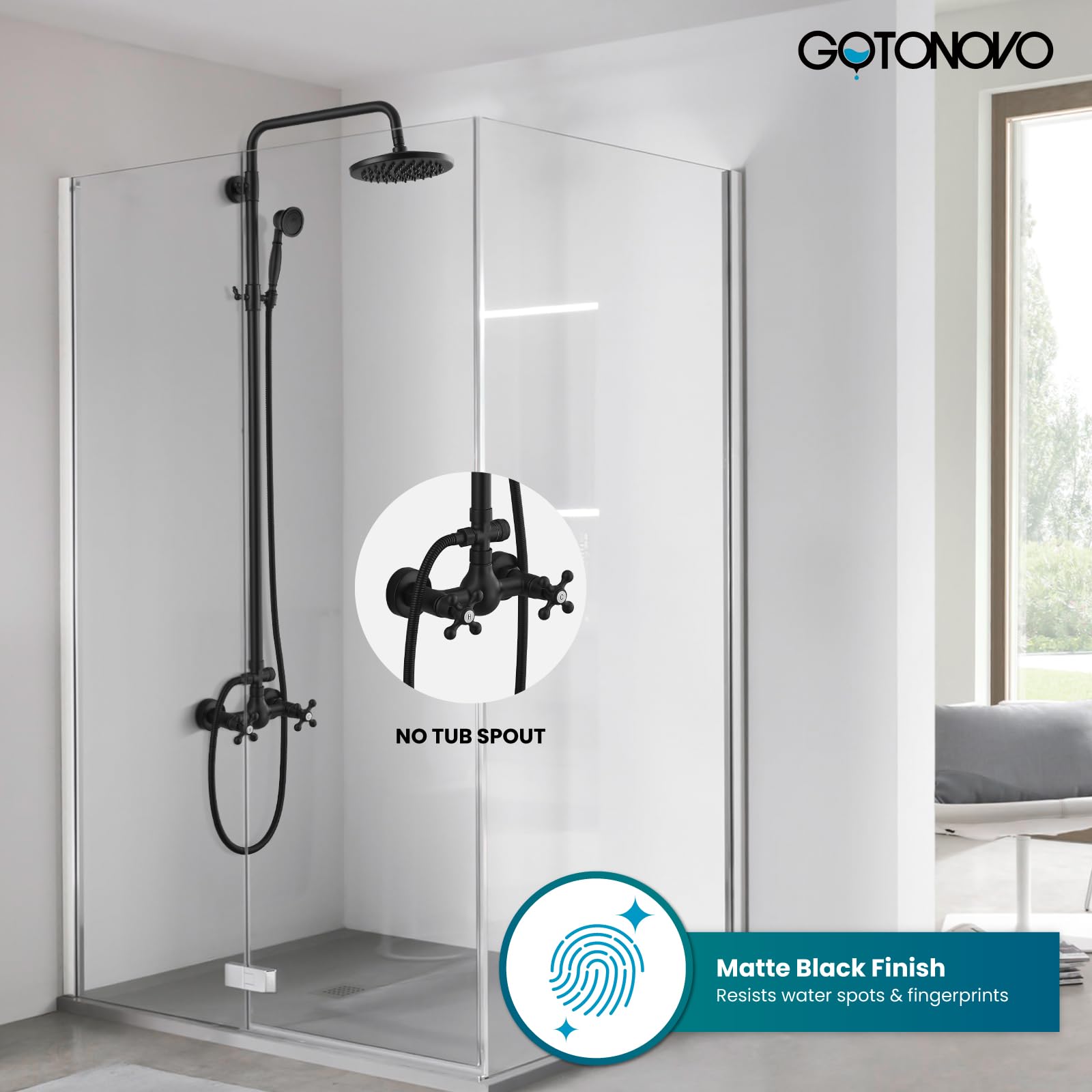 Gotonovo 8 Inch Rainfall Shower Head with Handheld Shower - Matte Black Wall Mount Bathroom Faucet Set (2 Functions, Cross Handle) for Spa-Like Experience & Modern Home Decor