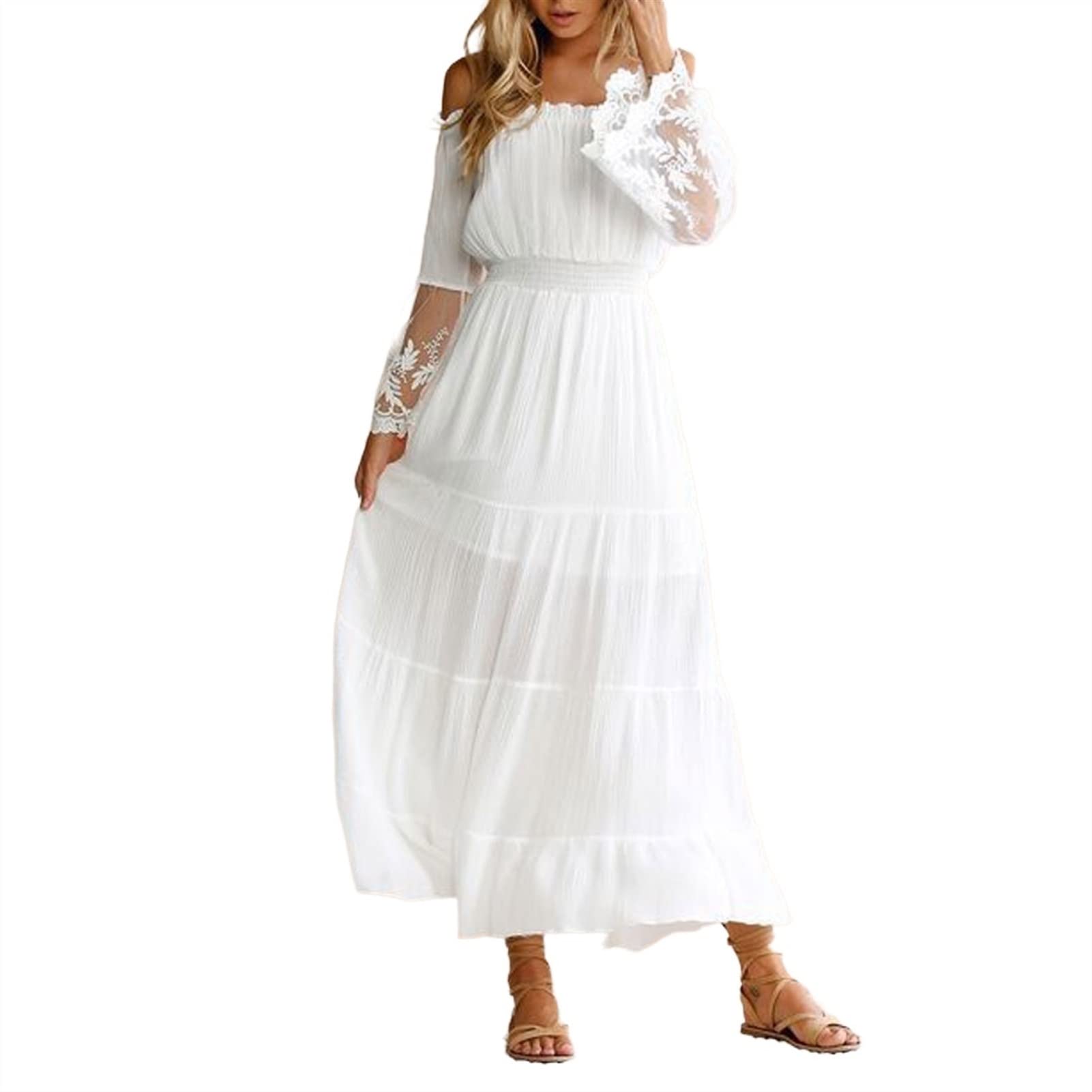 TOMYEUS Women's Off-The-Shoulder Lace Panel Boho Summer Dress - White Small | Beach Vacation, Resort Wear, Evening Party, Casual Outfit