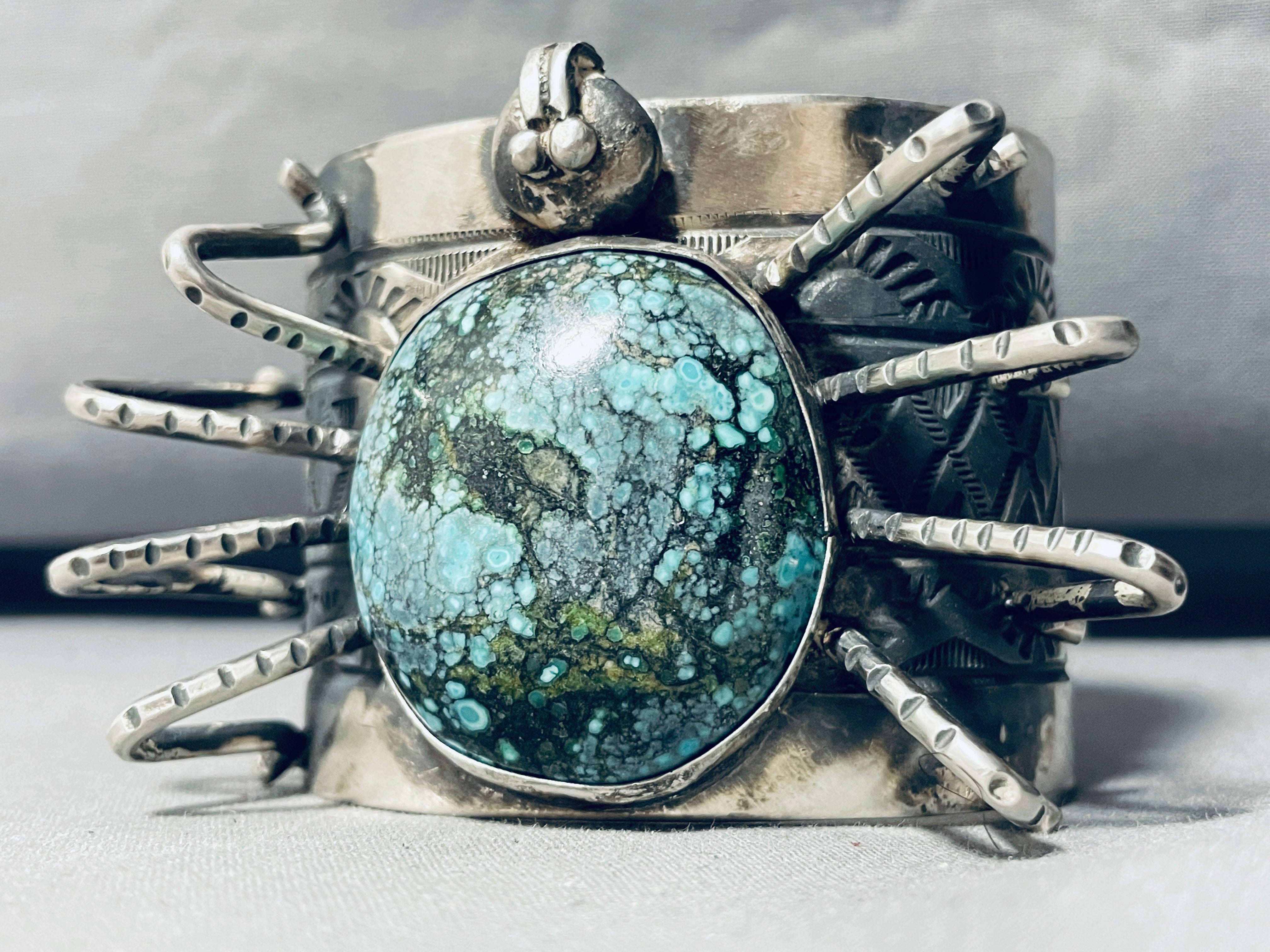 205g Heavy Native American Navajo Turquoise Spider Sterling Silver Bracelet - Handmade Southwest Jewelry for Women, Boho Chic Accessory for Festivals & Special Occasions