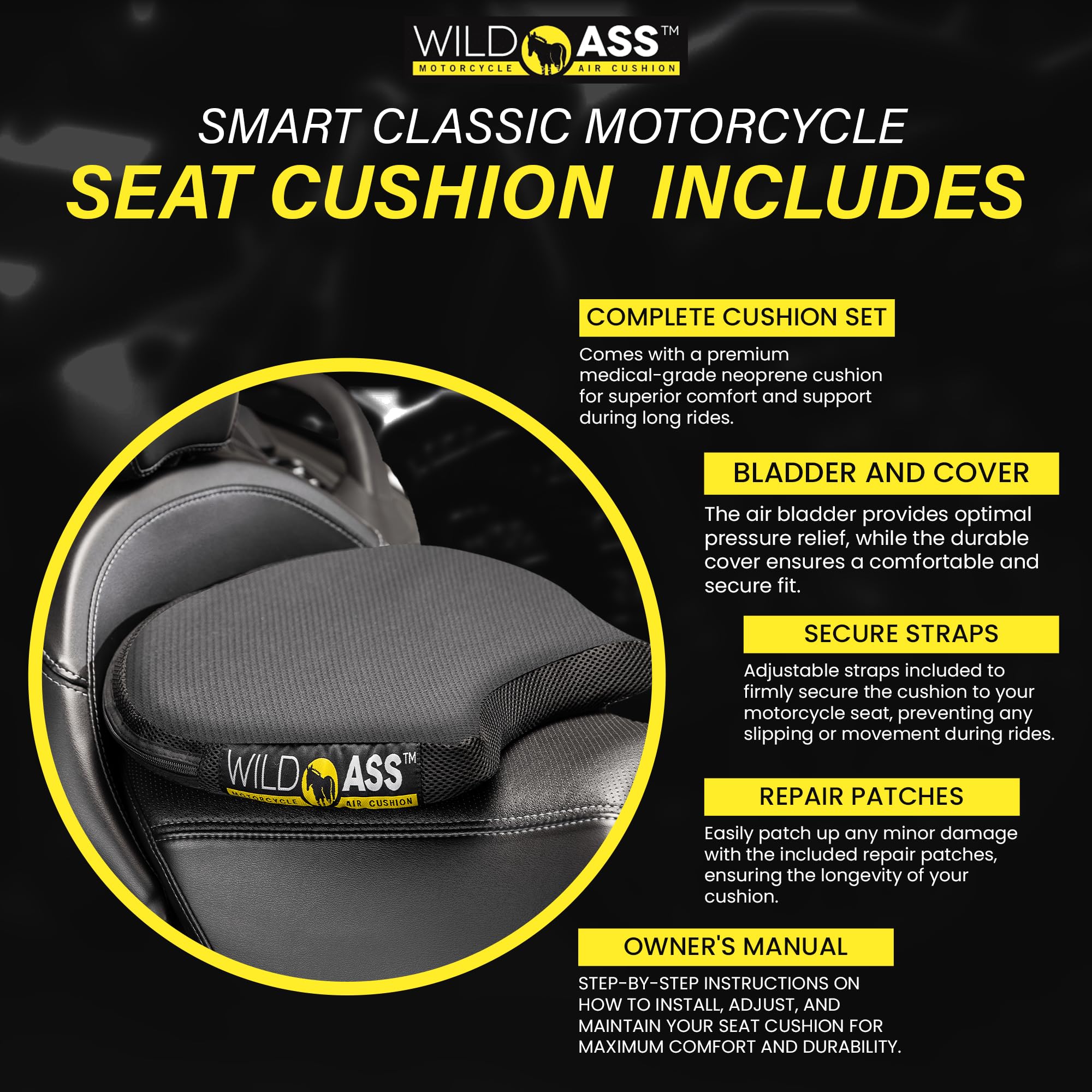Motorcycle Air Gel Seat Cushion - Ergonomic Universal Fit with Adjustable Straps for Maximum Comfort & Pain Relief - Cooling Gel Pad for Long Rides - Perfect for Touring, Commuting & Adventure Riding - Black