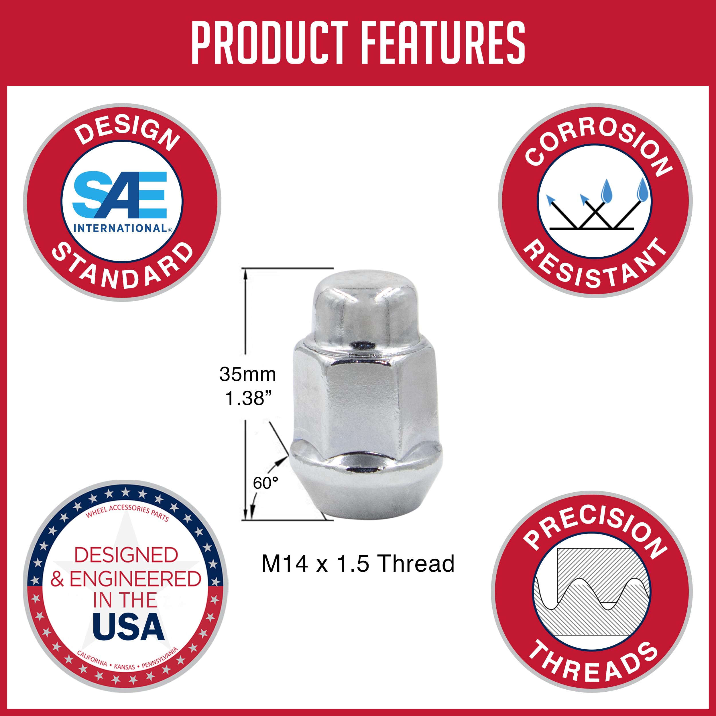 23 Pcs M14x1.5 Chrome Bulge Acorn Lug Nuts - 35mm Long, 13/16