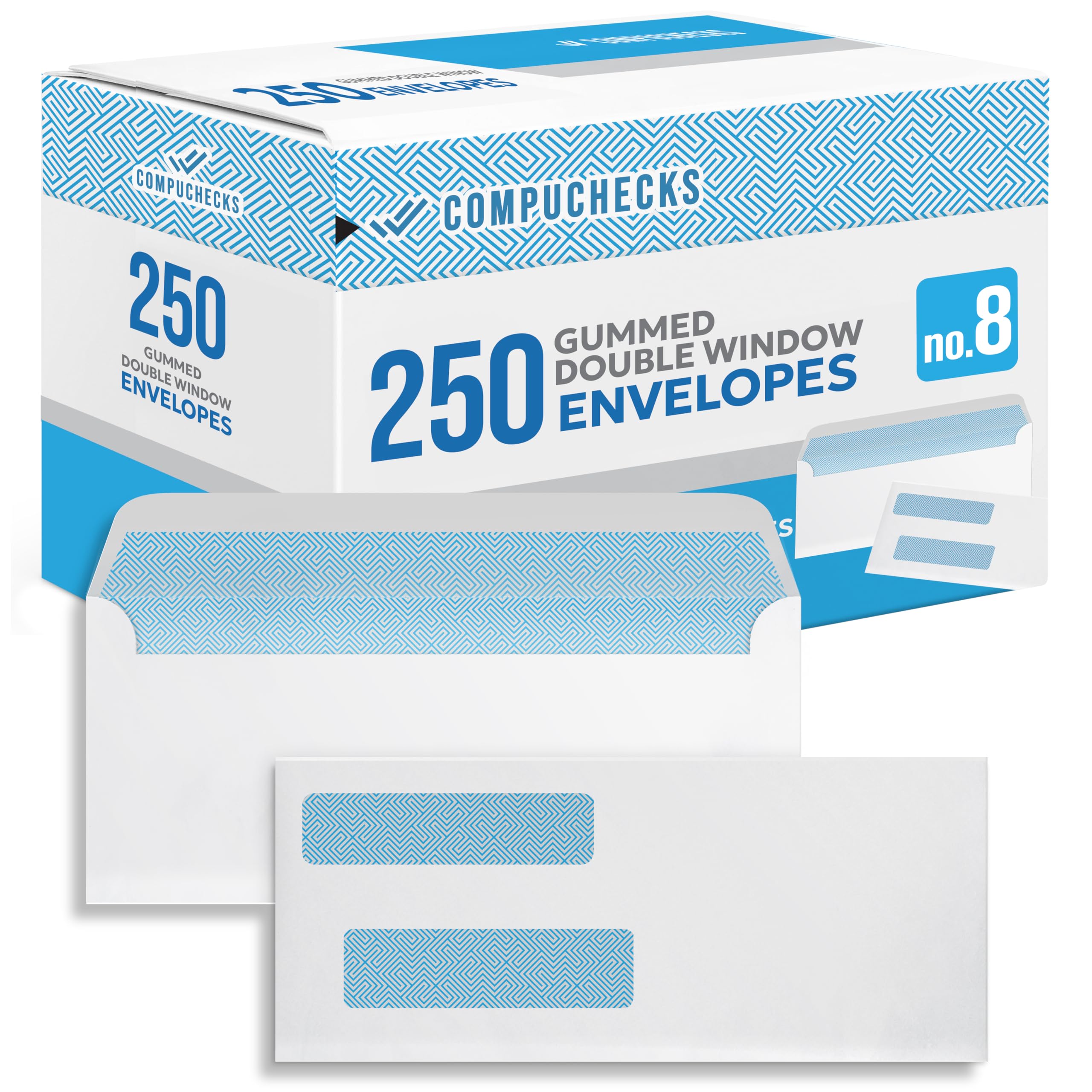 #8 Double Window Security Business Envelopes - Gummed, Tamper Evident Check Mailing Envelopes with Security Tint (250 Count) - Fits QuickBooks Checks Perfectly for Business Payments & Invoicing