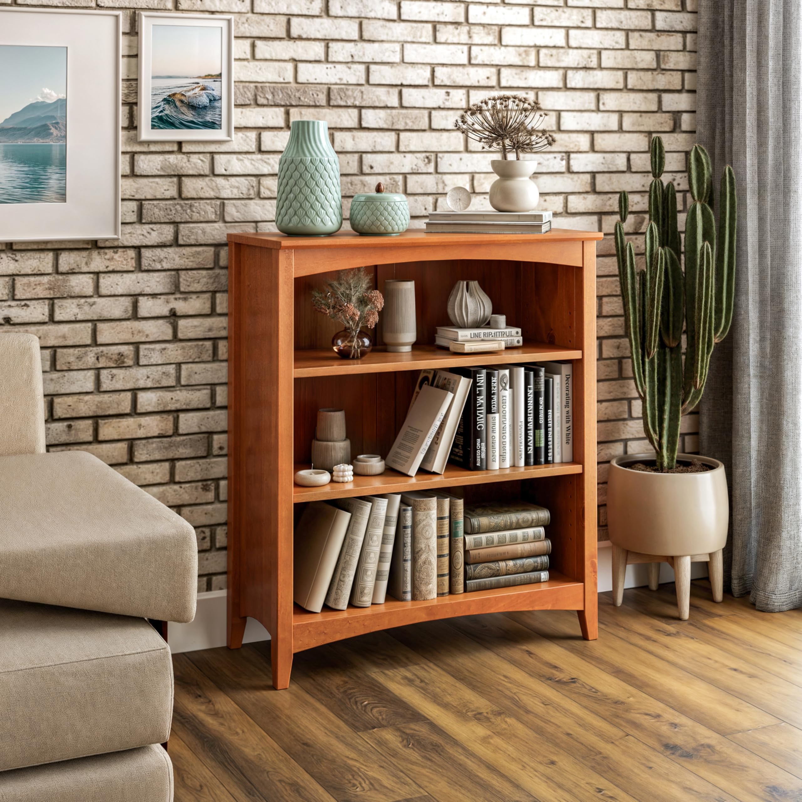 Shaker Style Bookcase 36 Inches Tall in Cherry Finish - Perfect for Living Room, Office, or Library Storage