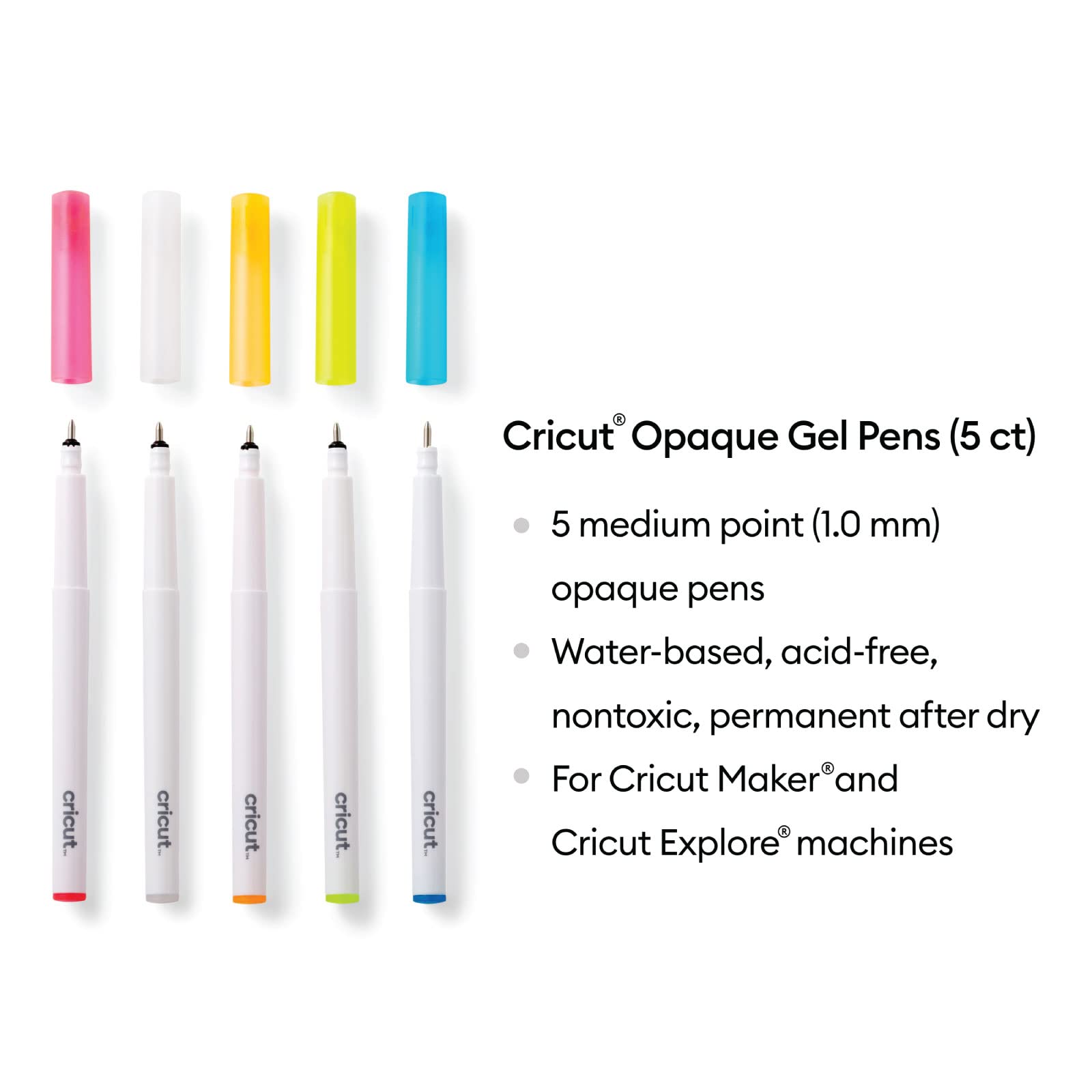 Cricut Opaque Gel Pens Set - 1.0 mm Fine Tip, 5 Vibrant Colors (Pink, White, Orange, Yellow, Blue) - Perfect for Scrapbooking, Card Making & DIY Crafts
