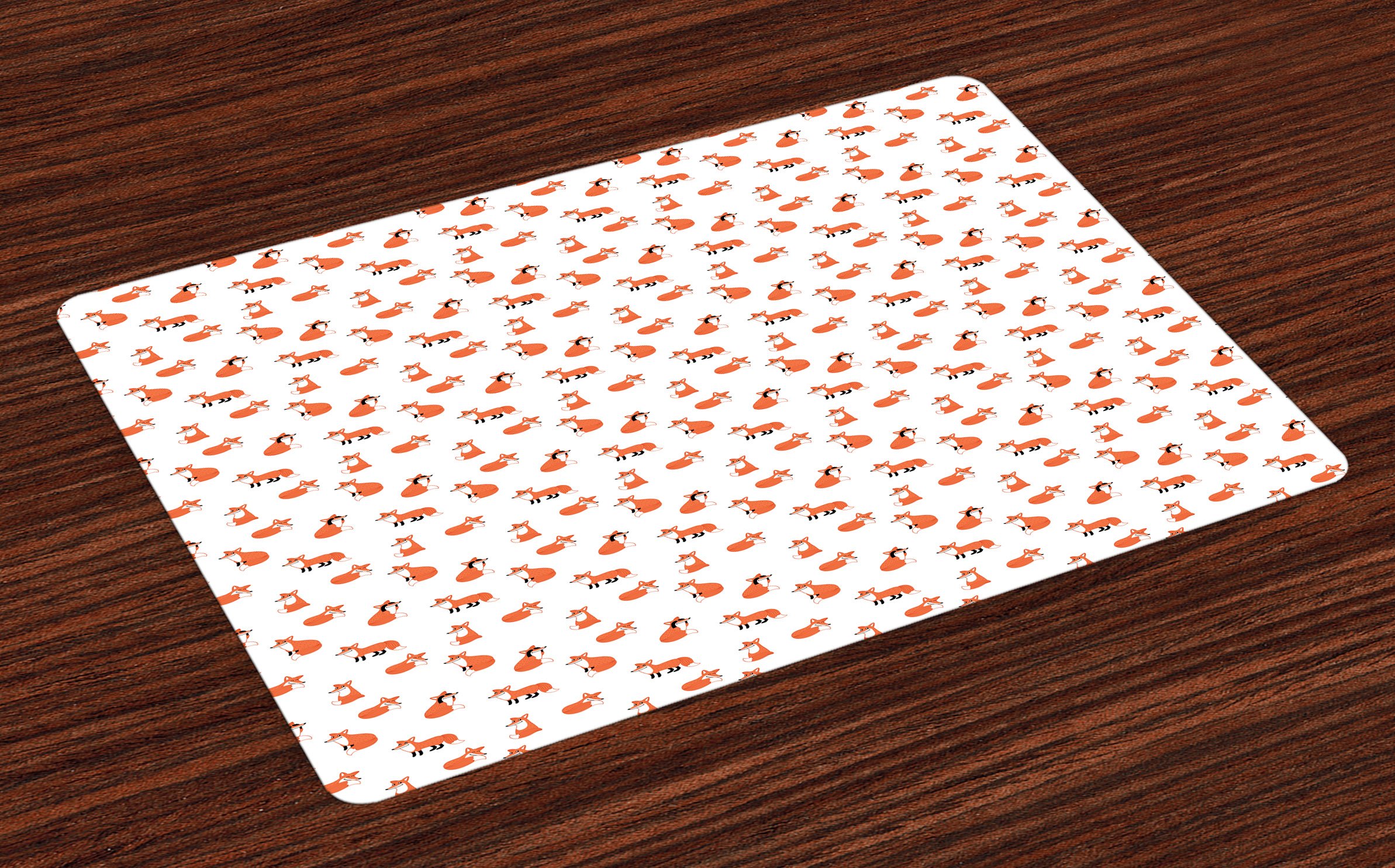 Ambesonne 4-Piece Fox Placemats Set - Hand Drawn Cartoon Fox Design with Peekaboo, Sleeping & Sitting Patterns - Washable Fabric Table Mats for Dining Room & Kitchen Decor (Orange/White) - Perfect for Family Dinners, Parties, and Home Decor