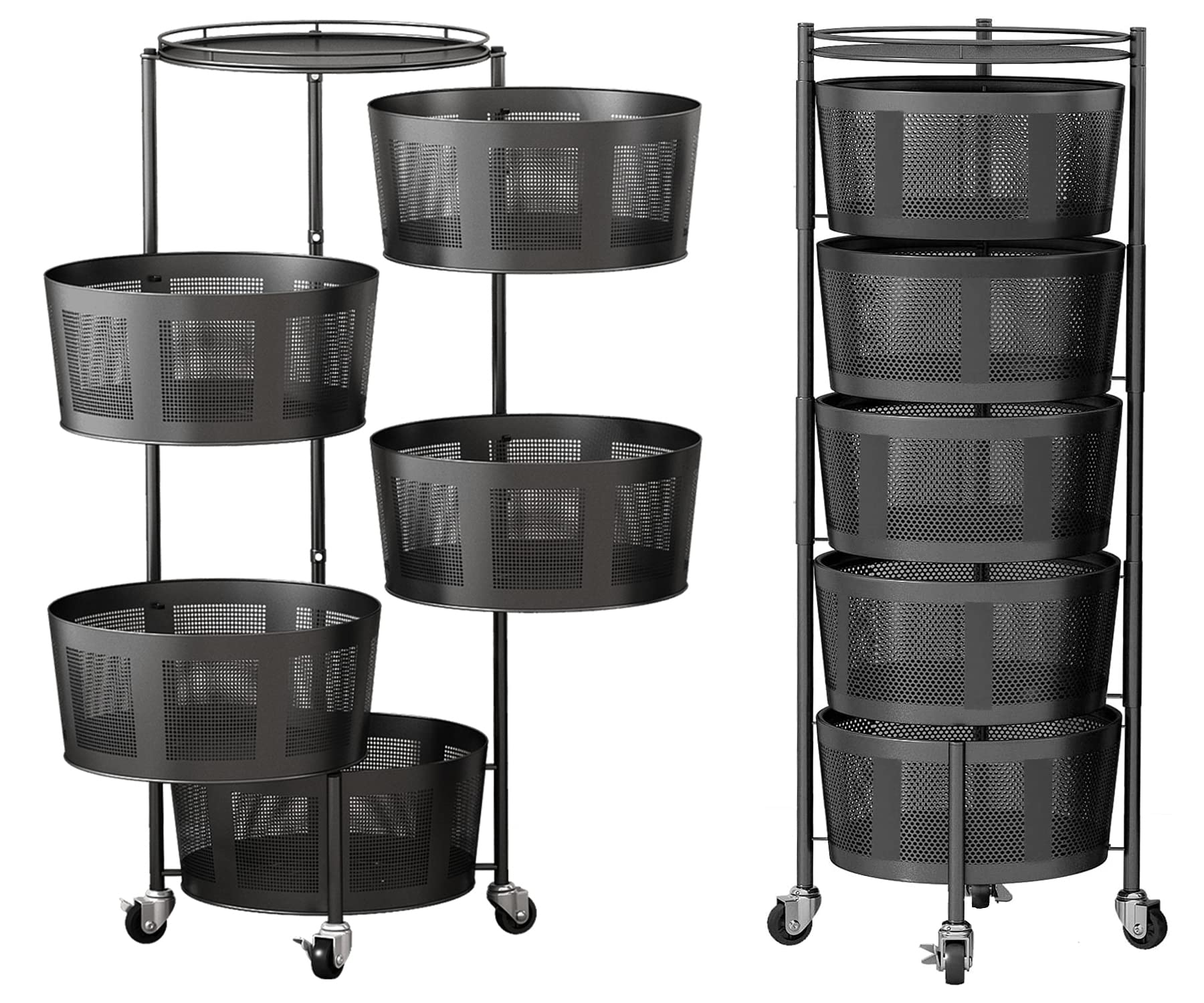 5-Tier Rotating Mesh Kitchen Basket Organizer - Round Fruit & Vegetable Storage Rack with Wheels for Pantry, Refrigerator, and Countertop Organization