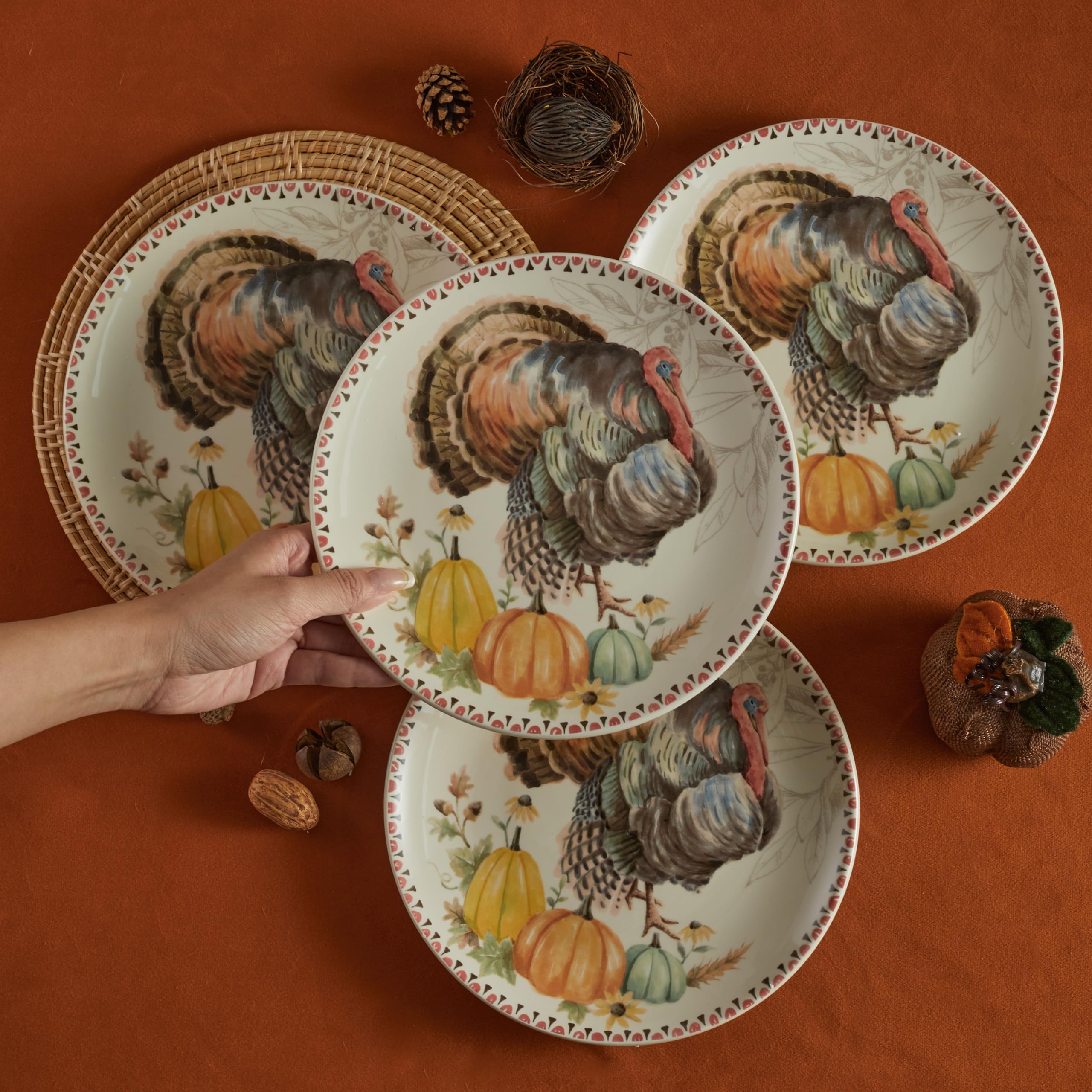 Bico Blessing Season 8.75 Inch Ceramic Salad Plates Set of 4 - Microwave & Dishwasher Safe Appetizer Dishes for Dinner Parties, Holiday Meals & Everyday Use