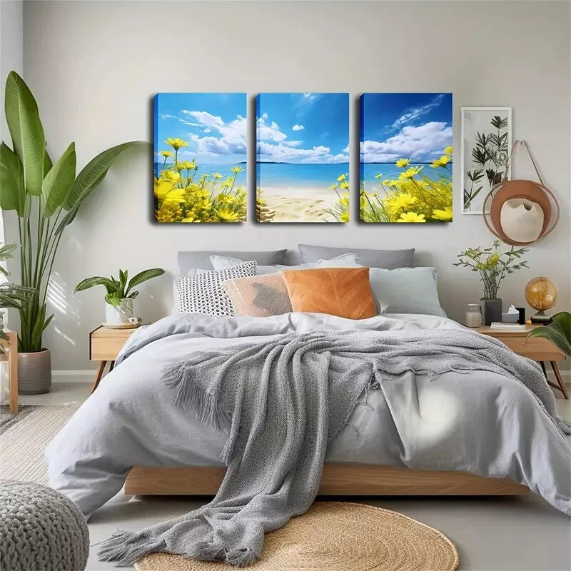 3-Piece Yellow Flowers On The Beach Wall Art Set - Framed Canvas Prints 40x60cm - High Quality Australian Made Wall Decor - Perfect for Living Room, Bedroom & Office Decoration
