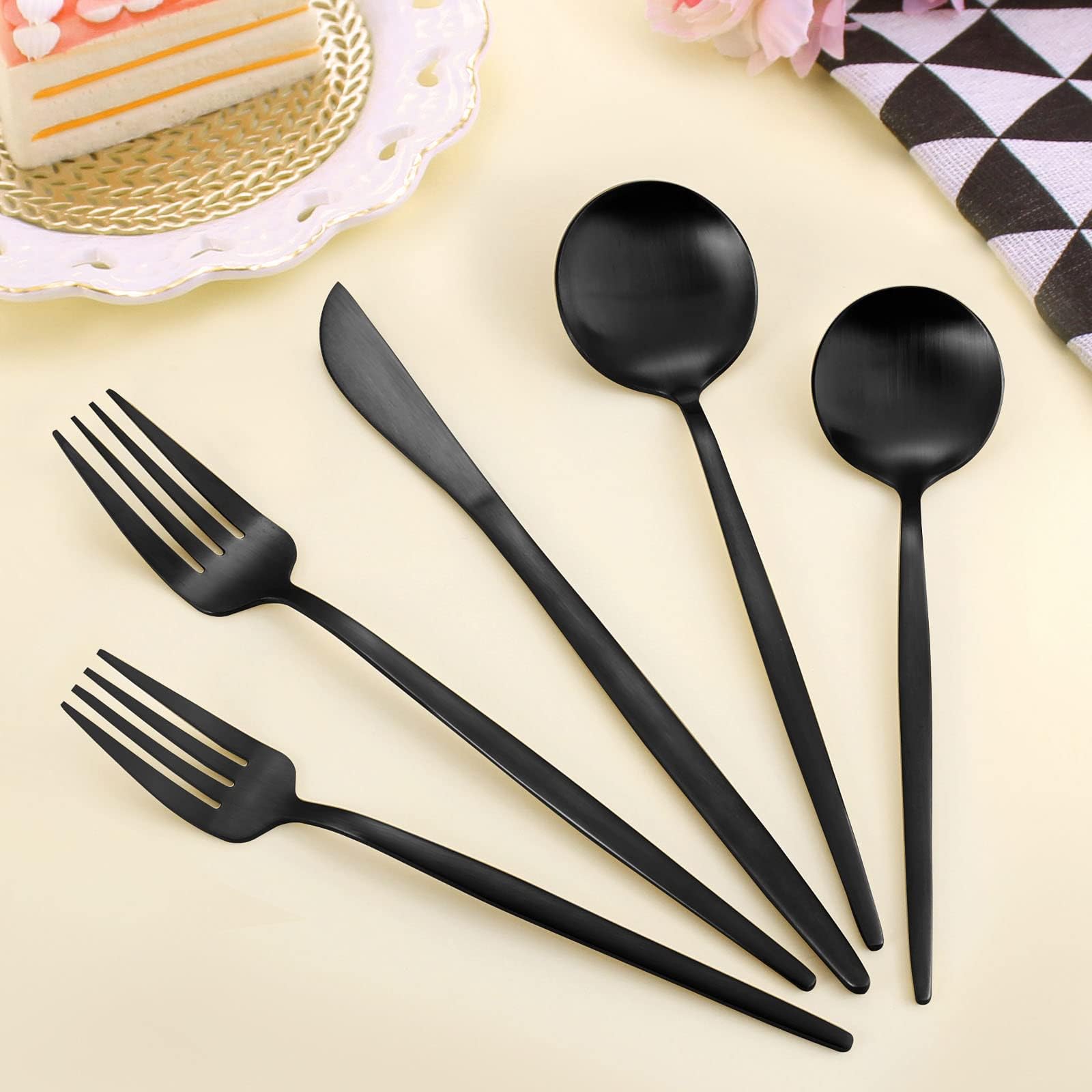 LAZAHOME 40-Piece Matte Black Stainless Steel Flatware Set for 8 - Satin Polished Cutlery Set with Spoons & Forks - Dishwasher Safe Kitchen Utensils for Dinner Parties, Restaurants & Home Dining