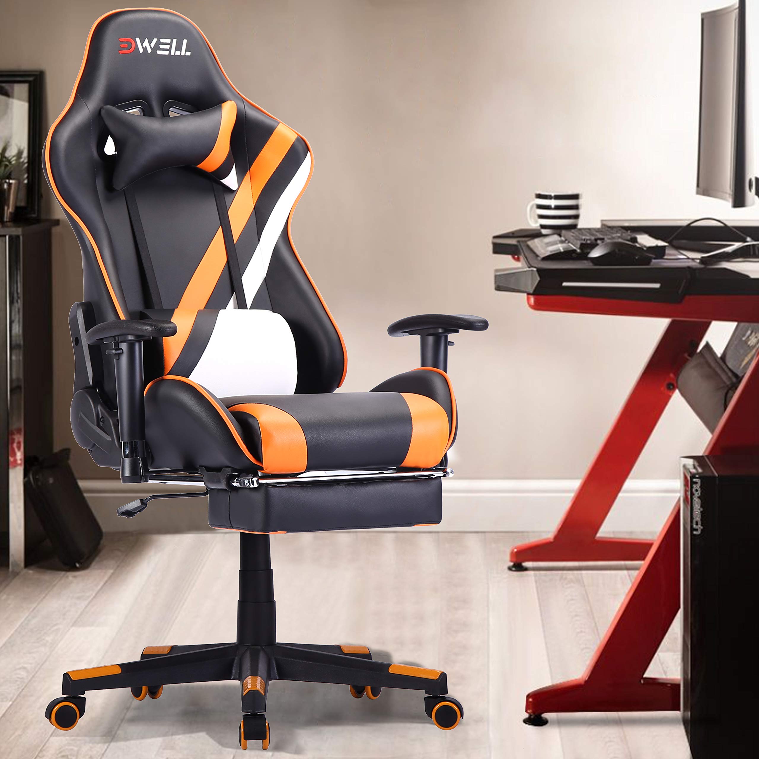 EDWELL Ergonomic Gaming Chair - High Back PU Leather Office Chair with Adjustable Headrest, Lumbar Support & Footrest for Adults - Orange Computer Desk Chair for Gaming, Work & Home Office