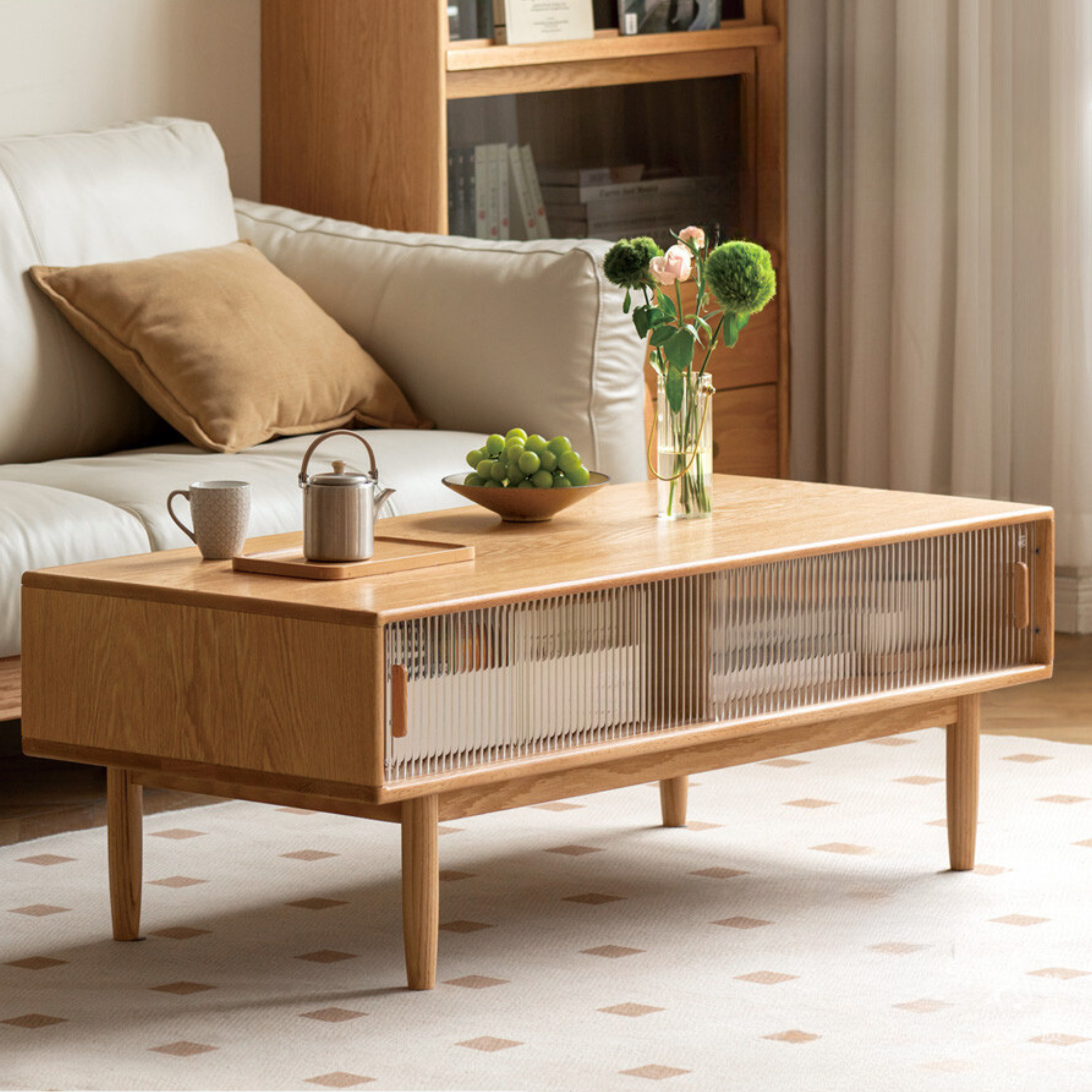 Solid Oak and Beech Wood Coffee Table with Glass Doors - Modern Living Room Furniture for Home Decor and Entertainment