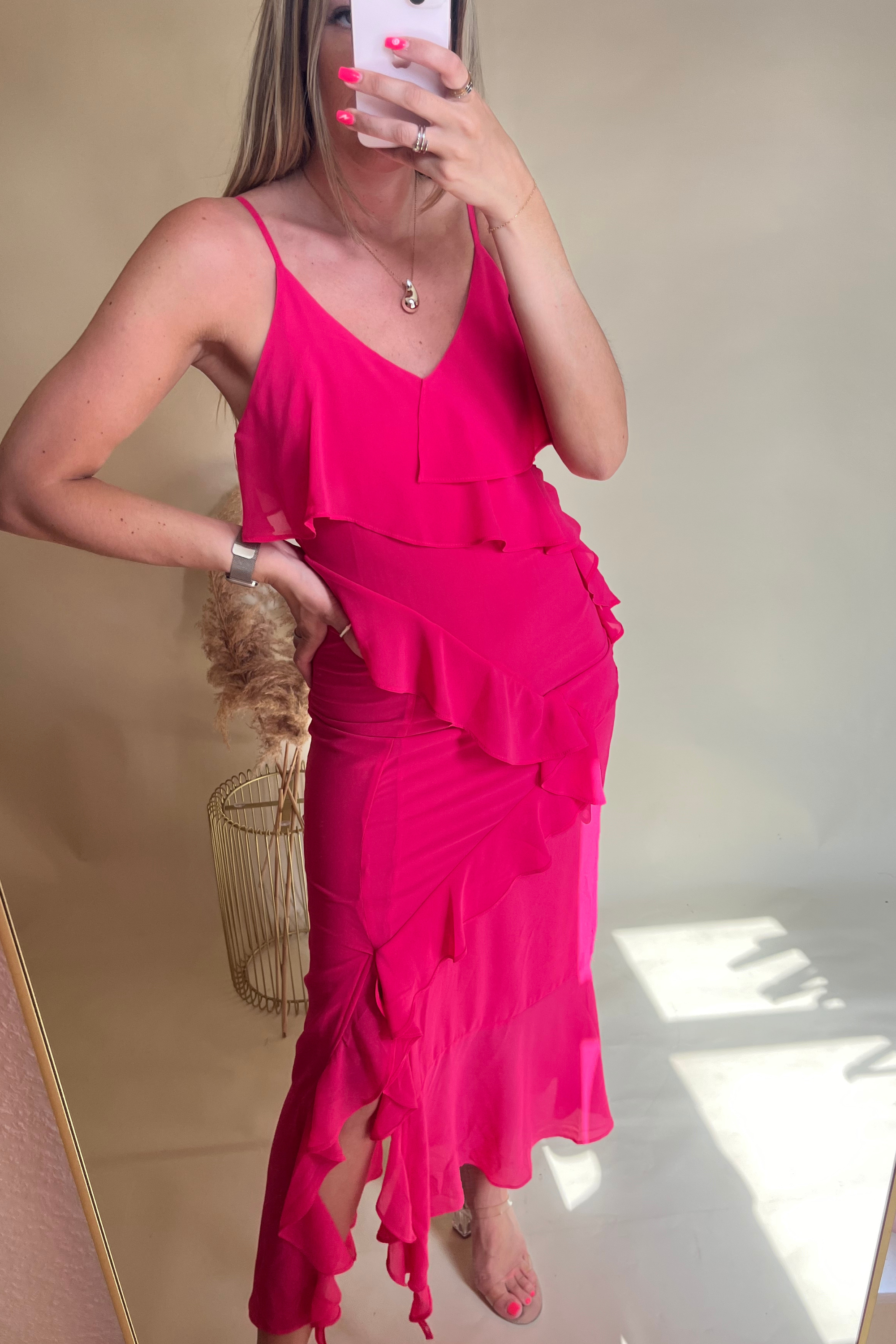 Bright Pink Ruffle Midi Dress for Women - Elegant Party & Cocktail Dress for Weddings, Date Nights & Special Occasions