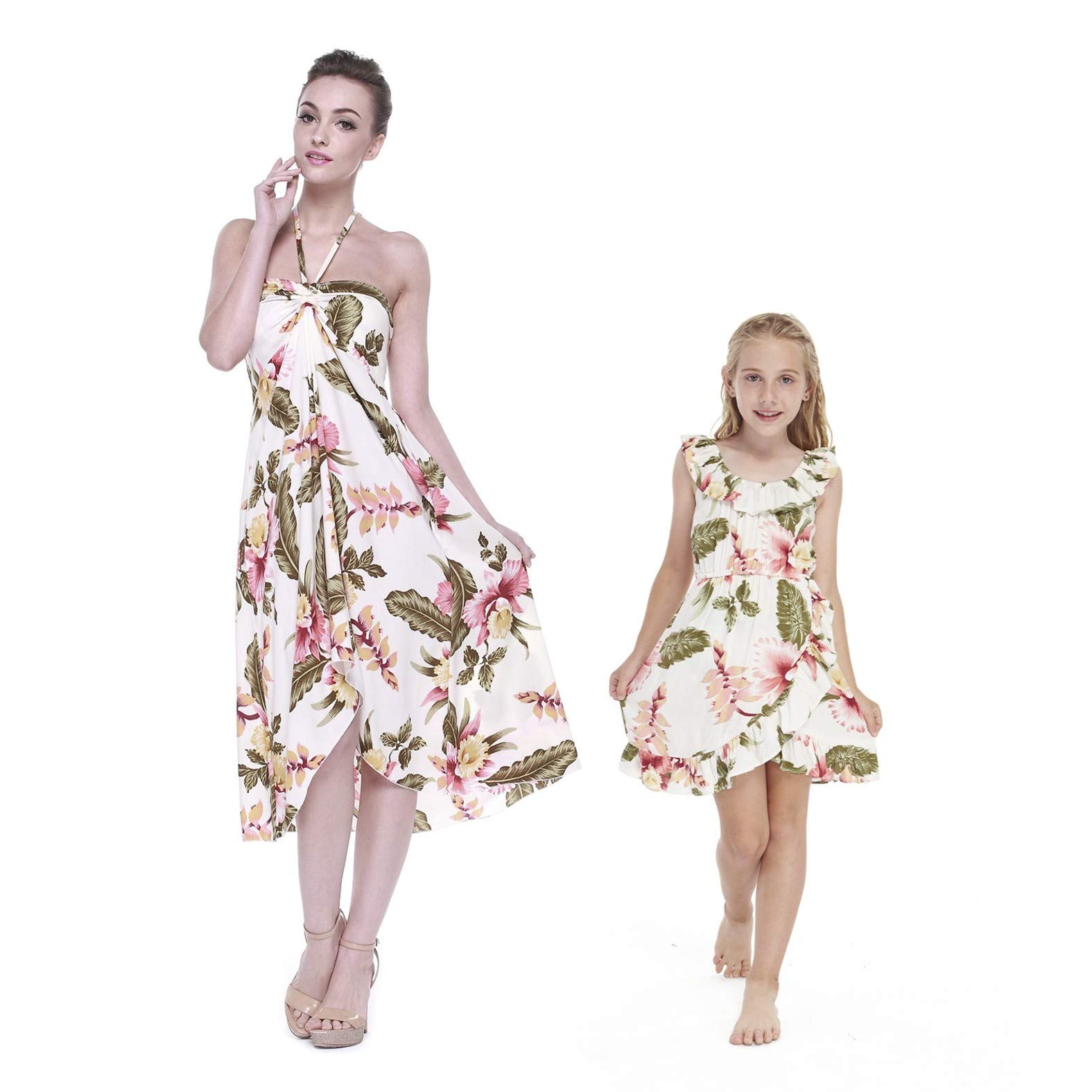 Floral Hawaiian Luau Halter Wrap Dress for Mother & Daughter - Matching Tropical Outfits for Beach Vacations & Summer Parties