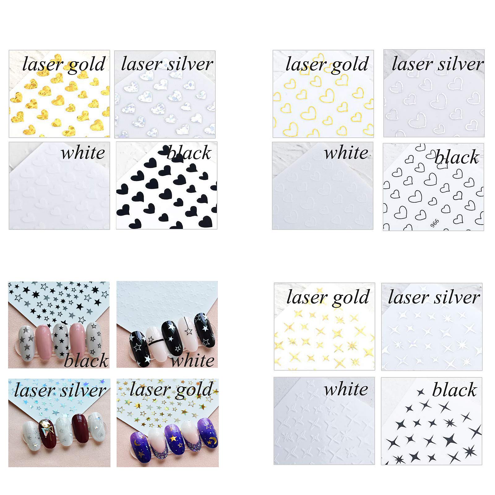 17 Large Self-Adhesive Nail Stickers - Hearts & Stars Nail Decals for Women, Girls & Kids | Perfect for Natural & Acrylic Nails | DIY Nail Art Design & Decoration | Great for Parties, Salons & Home Manicures