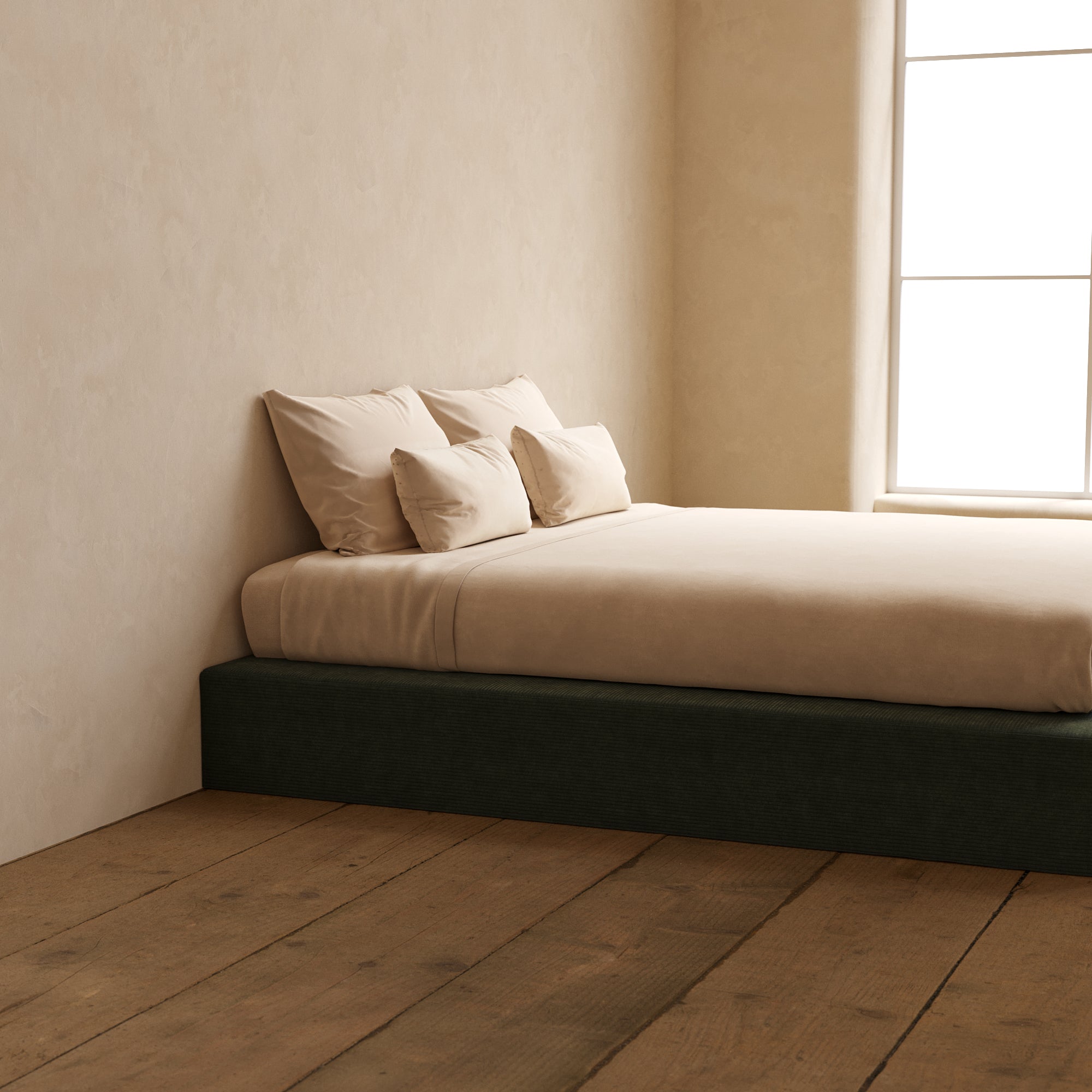 King Size Upholstered Platform Bed Frame with Luxe Corduroy Fabric in Olive Green - Modern Bedroom Furniture for Master Bedroom & Guest Room