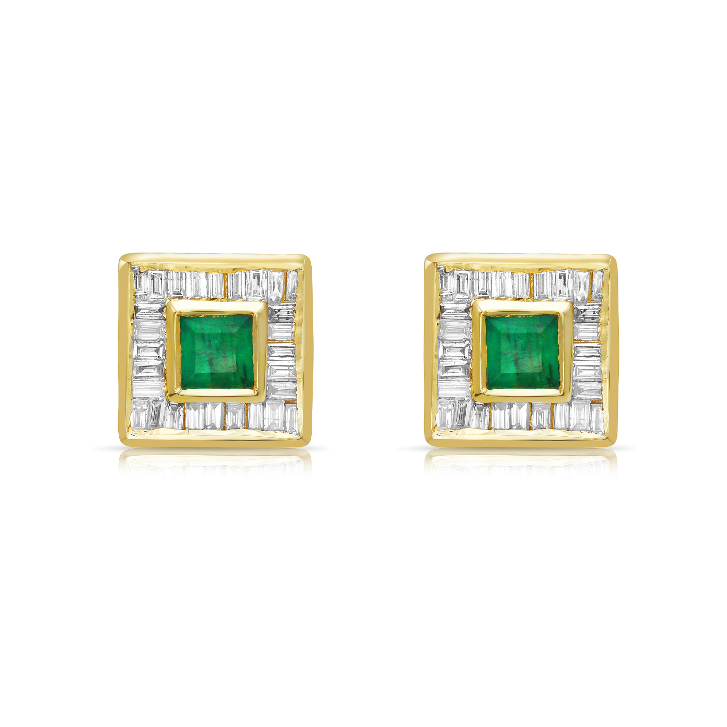 3.10ct Princess Cut Emerald & Baguette Diamond Halo Stud Earrings in 14K Gold - Elegant Jewelry for Weddings, Anniversaries & Special Occasions