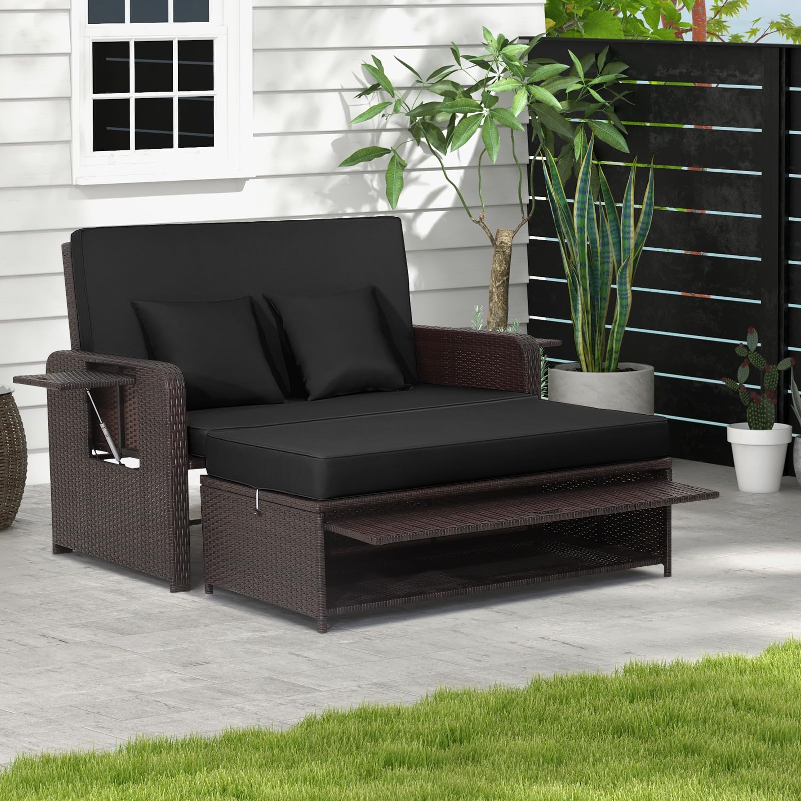 Tangkula Outdoor Rattan Daybed Set with Adjustable Backrest, Wicker Loveseat Sofa, Ottoman & Side Tray - Patio Furniture for Garden, Poolside, Balcony (Black) - Includes Storage Footstool & Cushions
