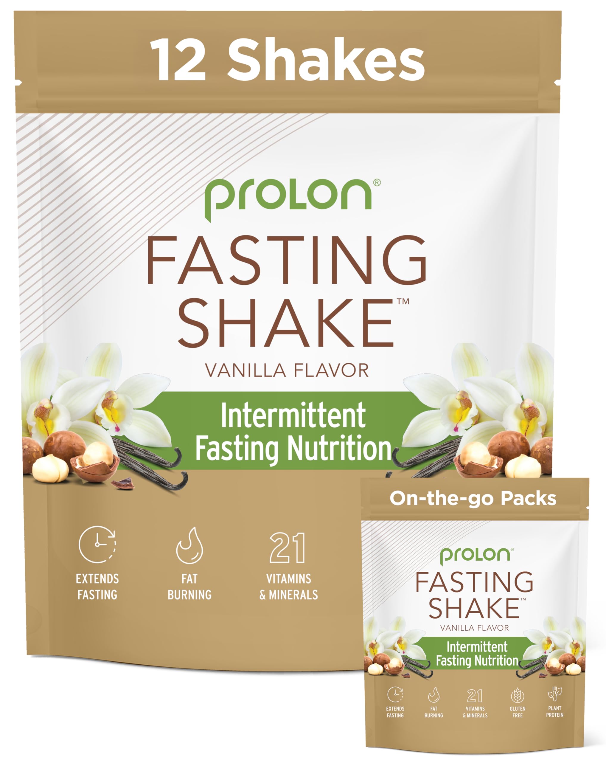 Prolon Intermittent Fasting Drink Mix - Vanilla Flavored Shake with Vitamins, Fiber & Plant-Based Protein | Keto, Vegan, Gluten-Free, Dairy-Free Superfood Supplement | Supports Weight Management & Energy (12 Pack) | Perfect for Fasting Days, Workout Recovery & Healthy Lifestyle