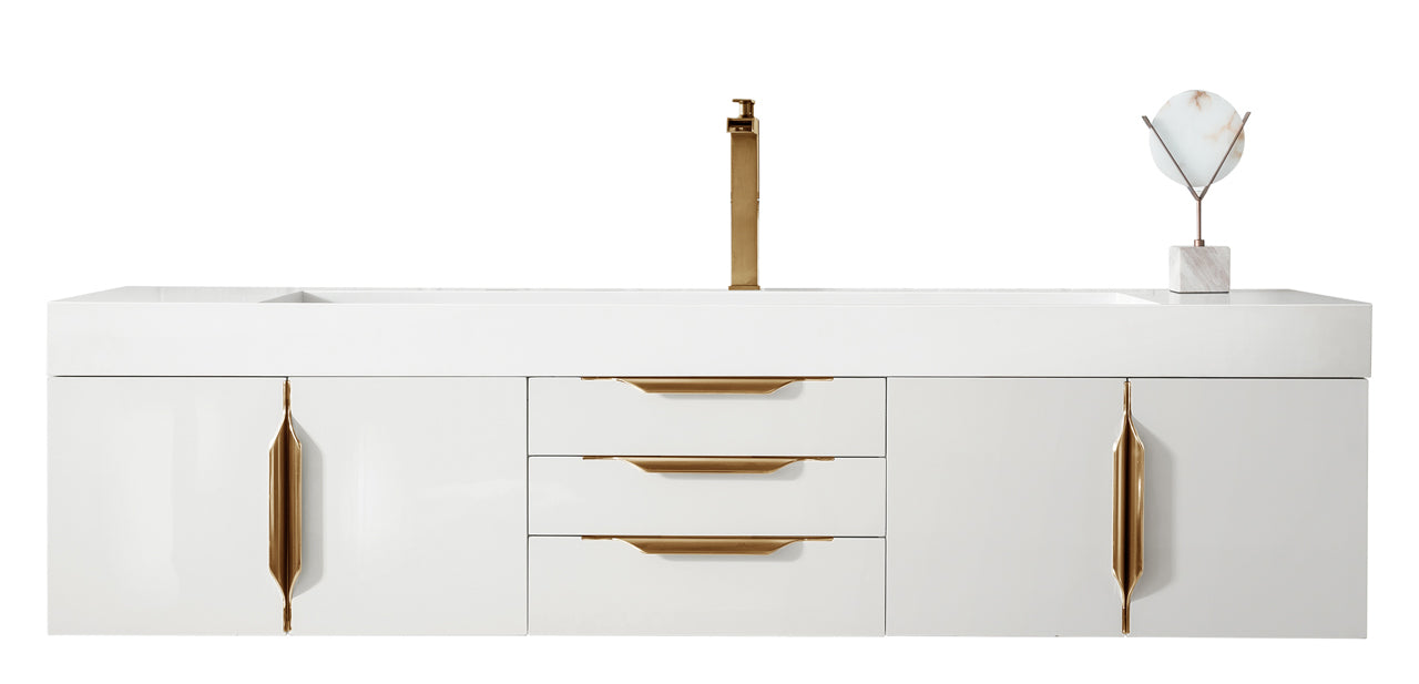 72 Inch Mercer Island Single Bathroom Vanity in Glossy White with Radiant Gold Accents & Glossy White Composite Top – Perfect for Modern Master Bathrooms & Guest Suites