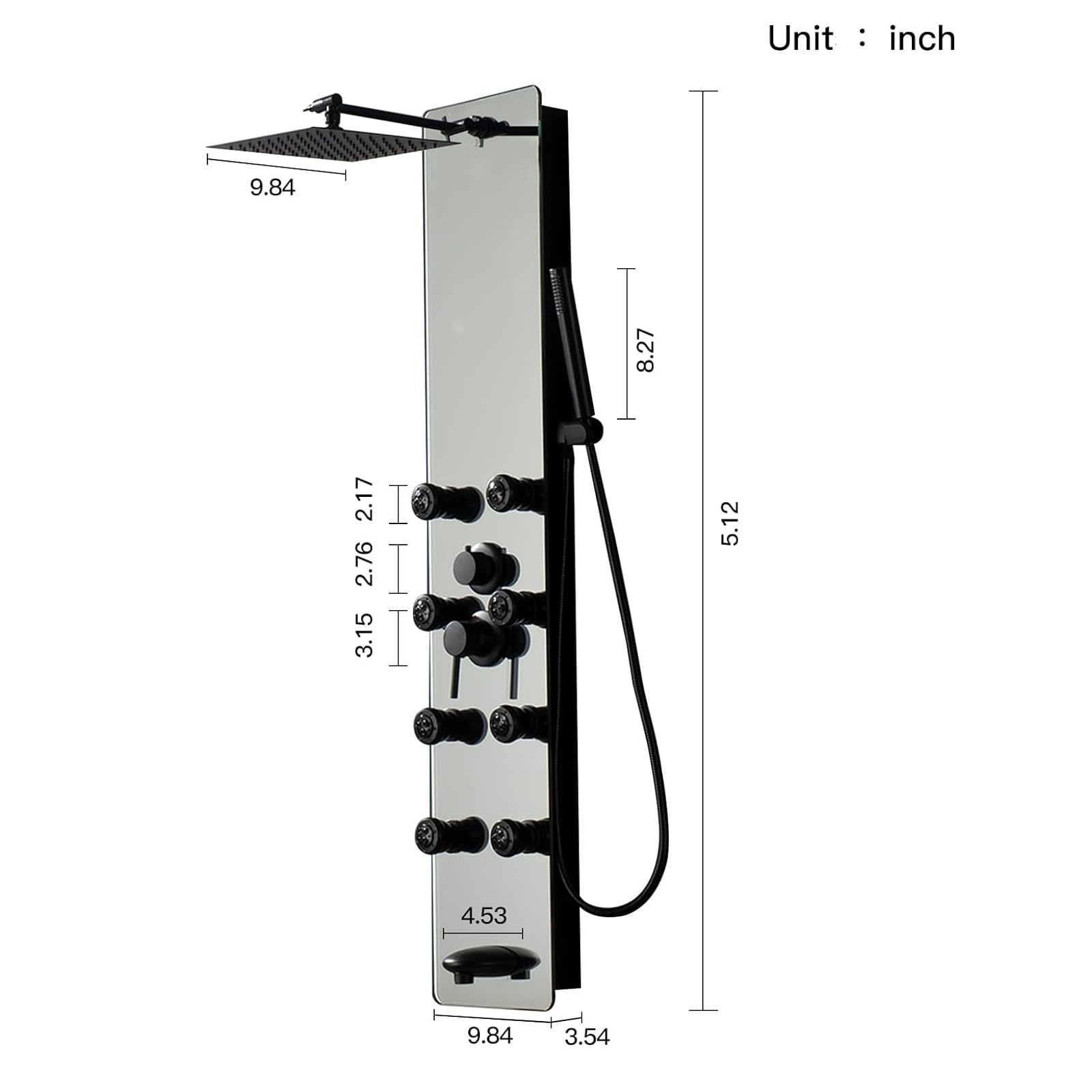 Premium Stainless Steel Black Glass Shower Panel Tower System - 8 Body Massage Jets, Rainfall Shower Head & Tub Spout - Luxury Bathroom Upgrade for Spa-Like Experience