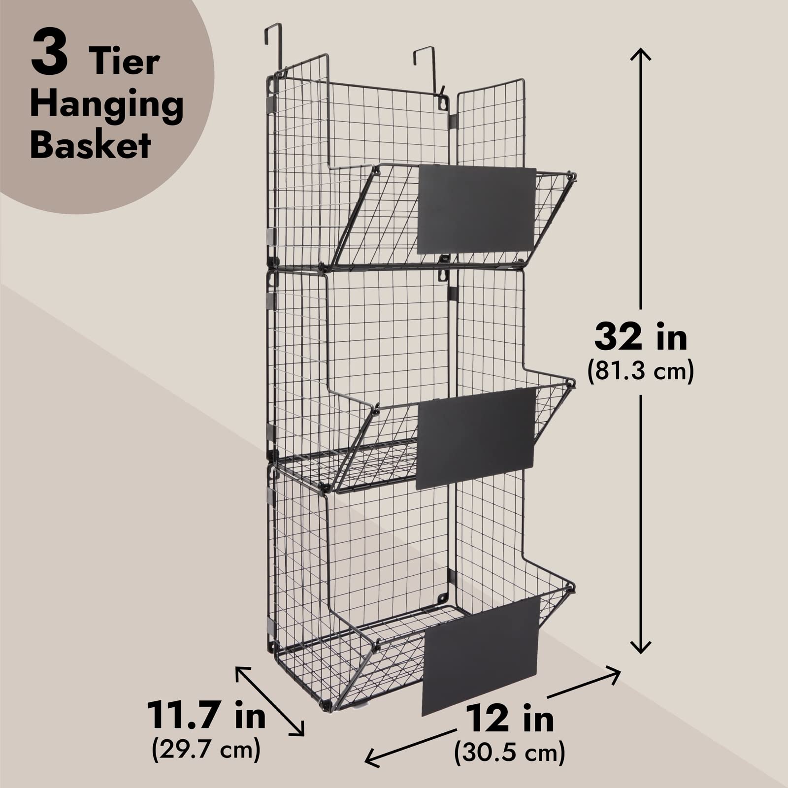Juvale 3-Tier Over The Door Hanging Basket Organizer - Black Metal Wire Storage Bins for Fruits, Vegetables, Snacks - Space Saving Kitchen & Pantry Organization - Perfect for Small Apartments, Dorms & Closet Storage (11.7