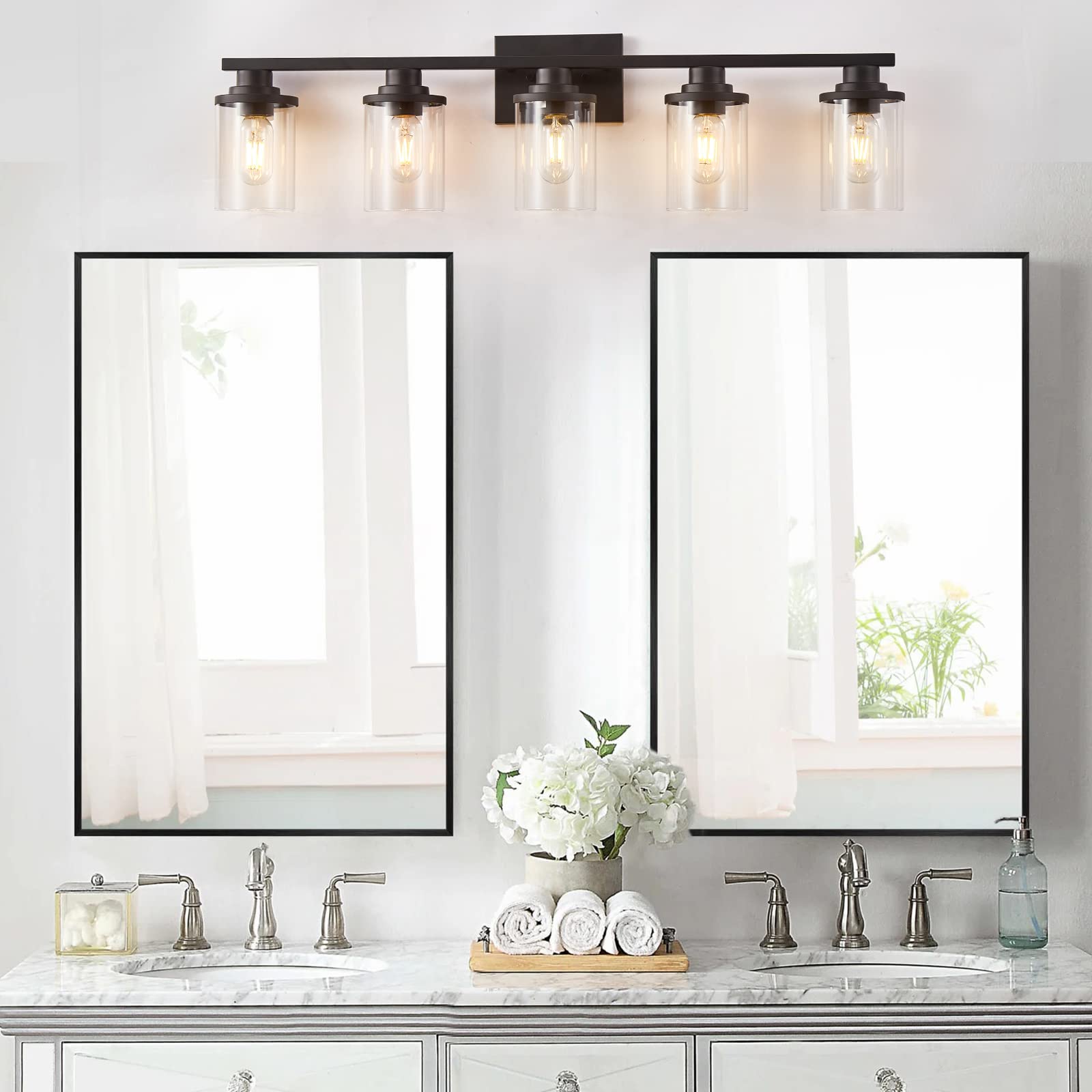 Stambord 5-Light Bathroom Vanity Light Fixture - Modern Matte Black Wall Sconce with Clear Glass Shade for Bathroom, Bedroom & Hallway - Perfect for Vanity Mirror Lighting, Dressing Area & Home Decor