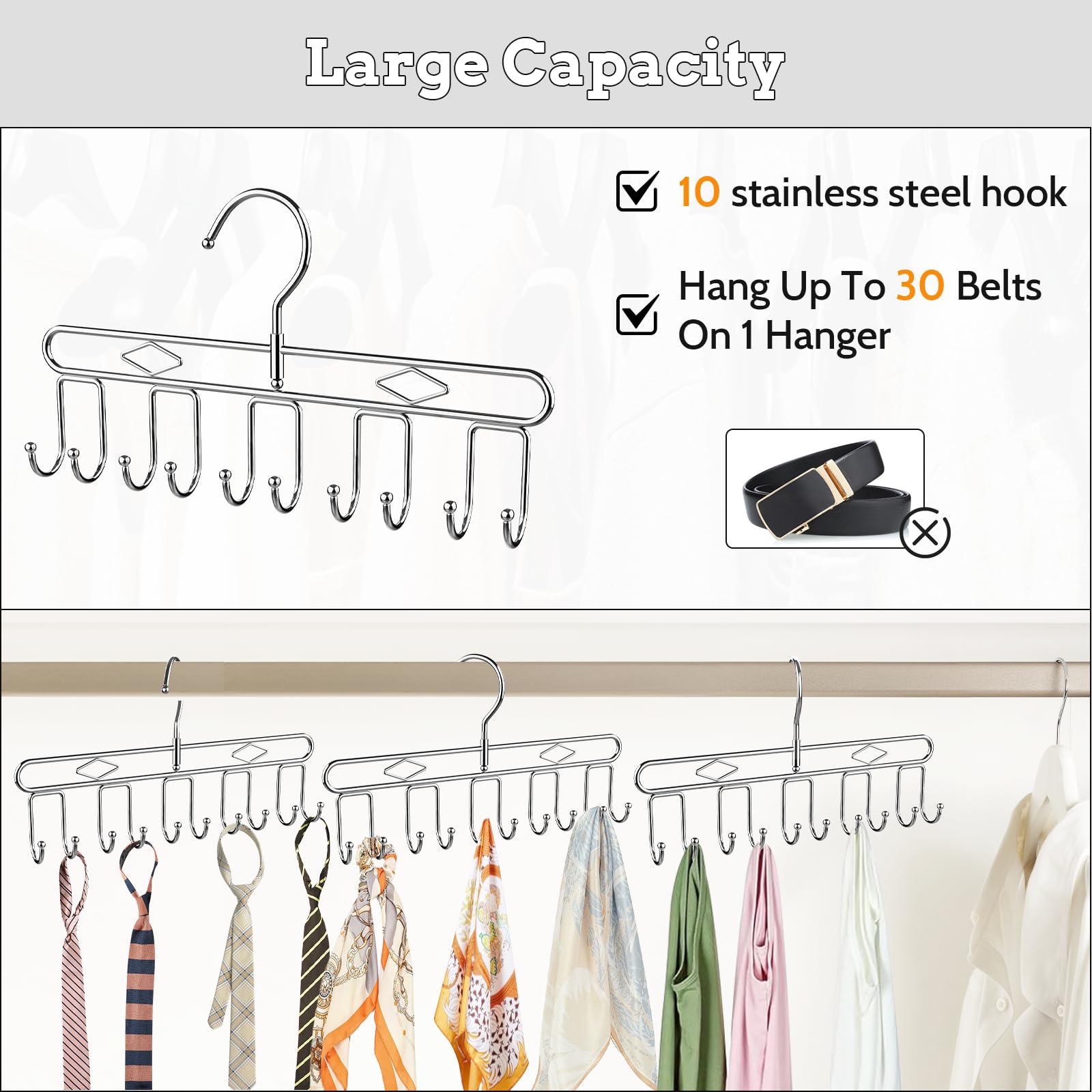 2 Pack Heavy Duty Metal Belt Hanger with 20 Hooks - 360° Rotating Belt Organizer for Closet Storage - Space Saving Rack for Belts, Ties, Scarves, Tank Tops & Purses - Perfect for Bedroom, Walk-in Closet and Dorm Organization