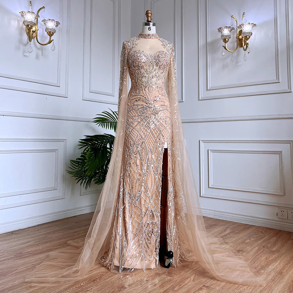 Elegant Beaded Mermaid Evening Gown with High Collar & Cape Sleeves - Luxury Women's Party Dress for Prom, Gala & Formal Events - Serene Hill Collection 2025
