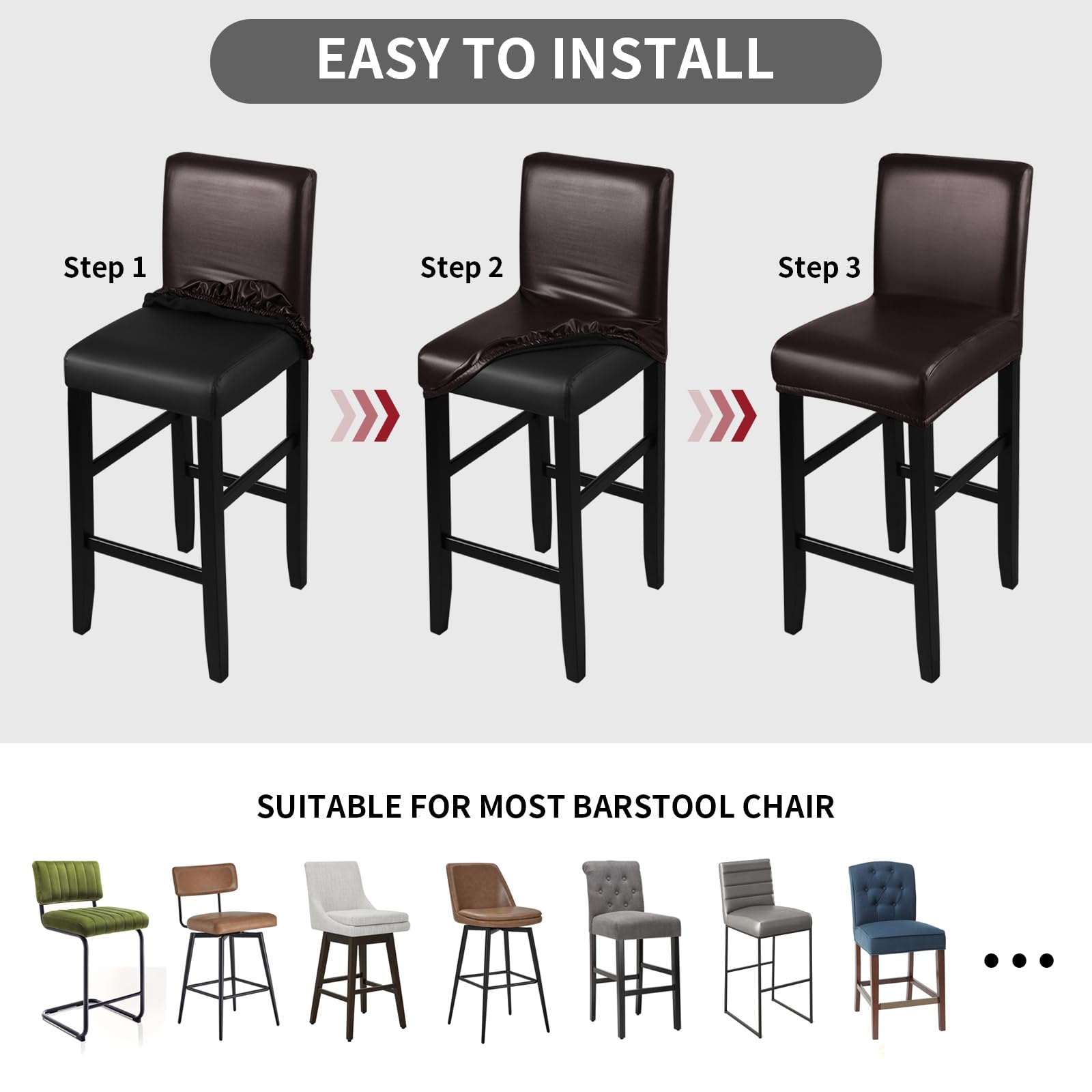 **Waterproof PU Bar Stool Covers 2 Pack - Stretchable, Washable & Removable Slipcovers with Elastic Bands for Kitchen, Dining, or Bar Counter (Coffee Brown) – Perfect for Home, Restaurant, and Cafe Use**