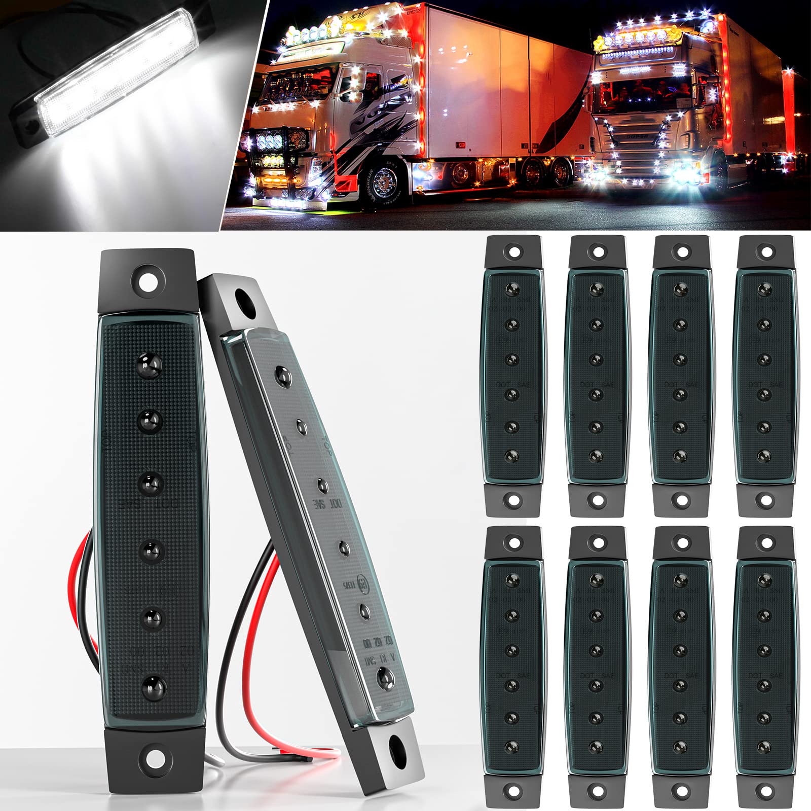 BJZ 10Pcs LED Trailer Marker Lights - White 6-LED Side Marker Clearance Light Bar, 12V 3.8
