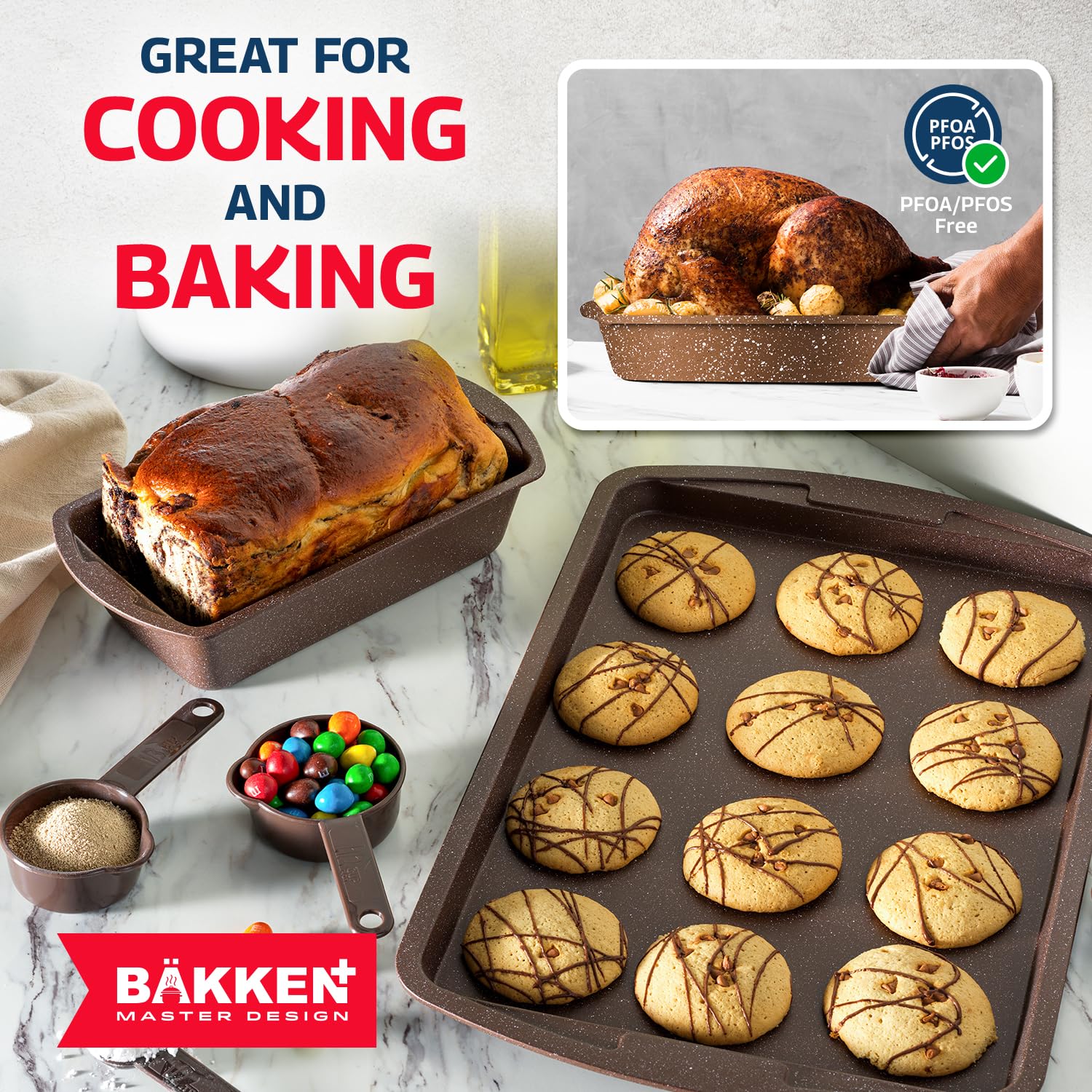 Bakken Master 38-Piece Granite Cookware and Bakeware Set - Nonstick Granite Coating Pots & Pans with Removable Handles, Tempered Glass Lids, 6-Piece Bakeware, 12-Piece Mixing Bowls - Perfect for Baking, Cooking & Meal Prep - Brown