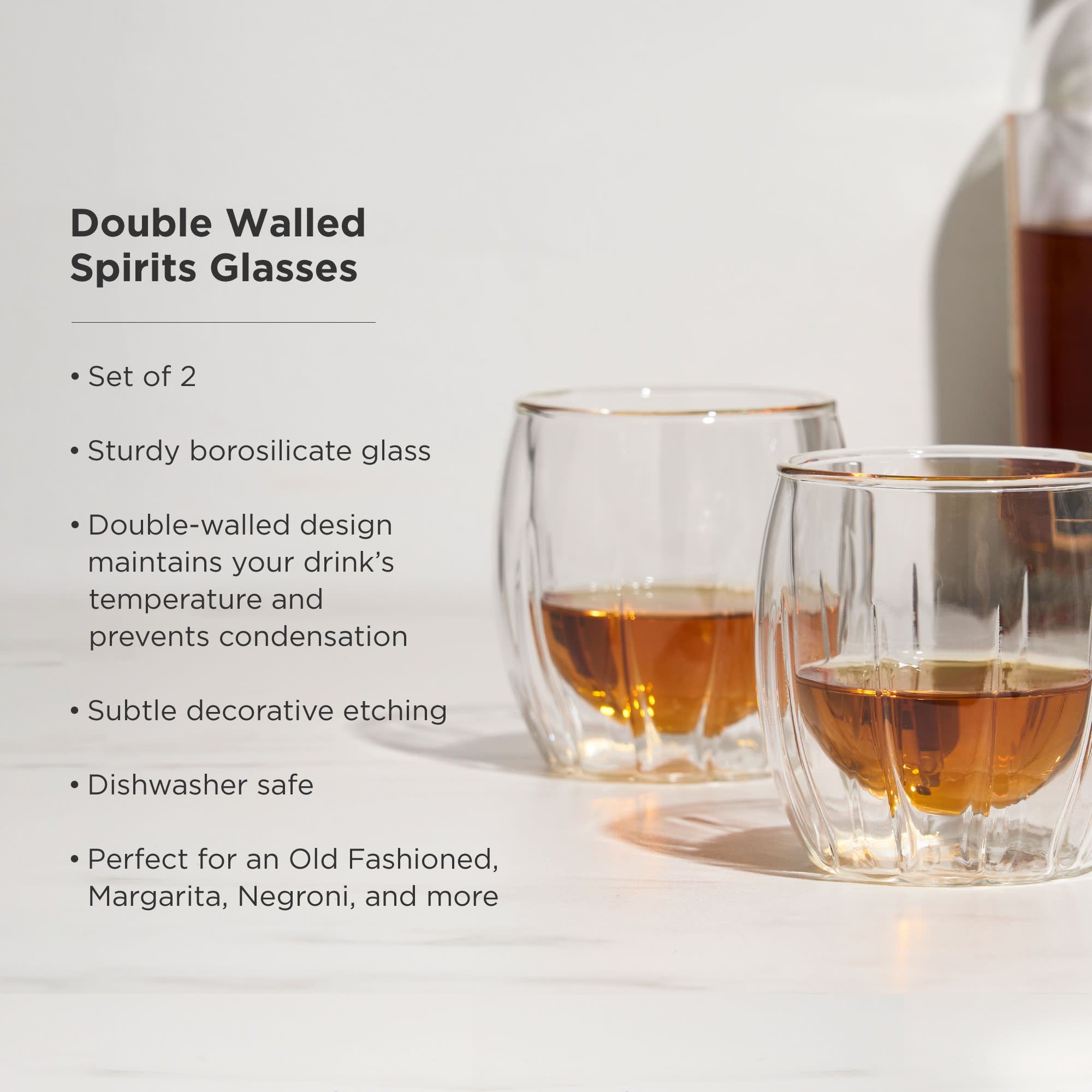 Premium Double Walled Whiskey Glasses Set of 2 - Shatter-Resistant Crystal Clear Tumblers for Scotch, Bourbon & Cocktails - Perfect for Home Bar, Gifts & Entertaining