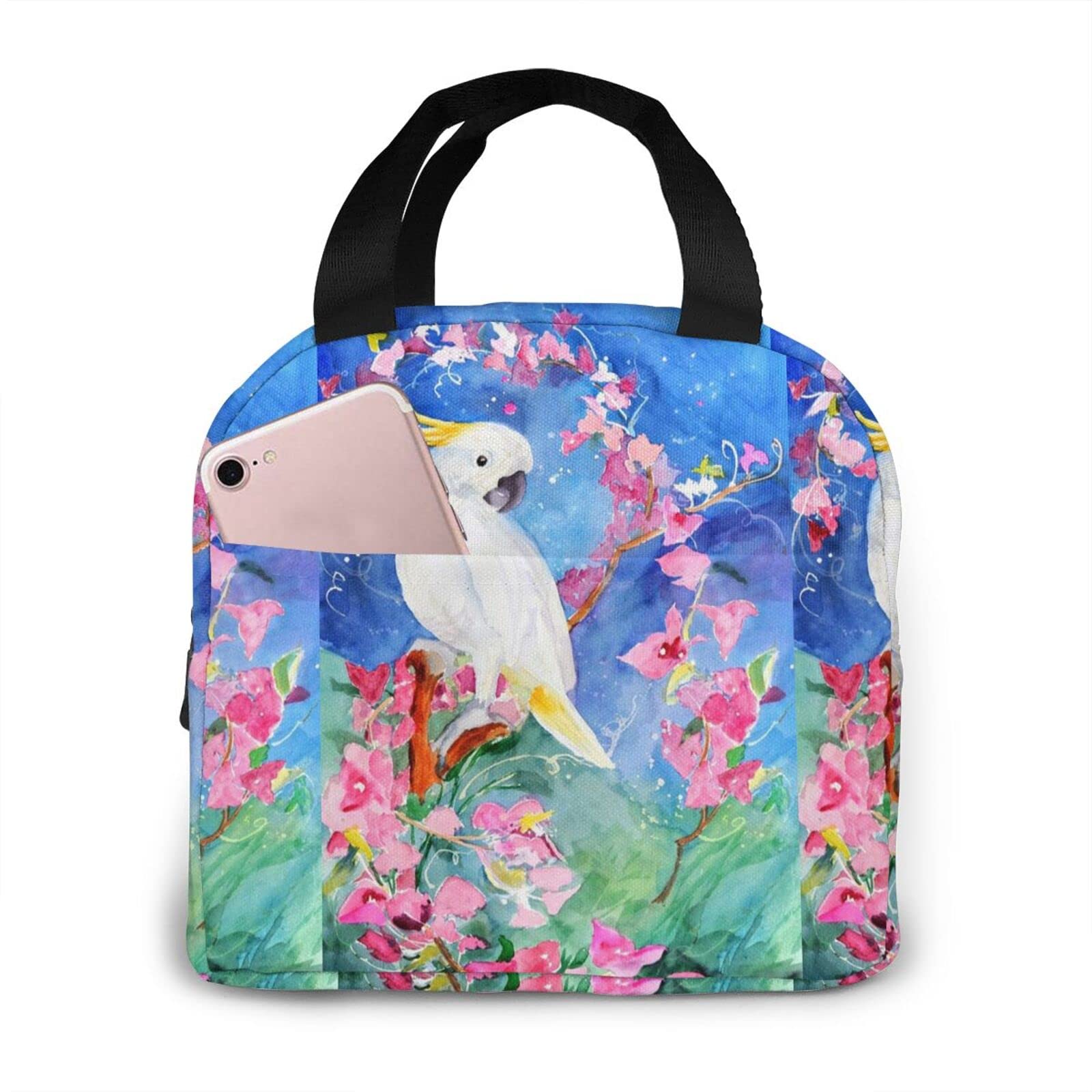 Insulated Thermal Lunch Bag Tote for Women & Men - Cockatoo Bird Flower Design, Leakproof Work Picnic Lunch Box - Perfect for Office, School, Outdoor Activities
