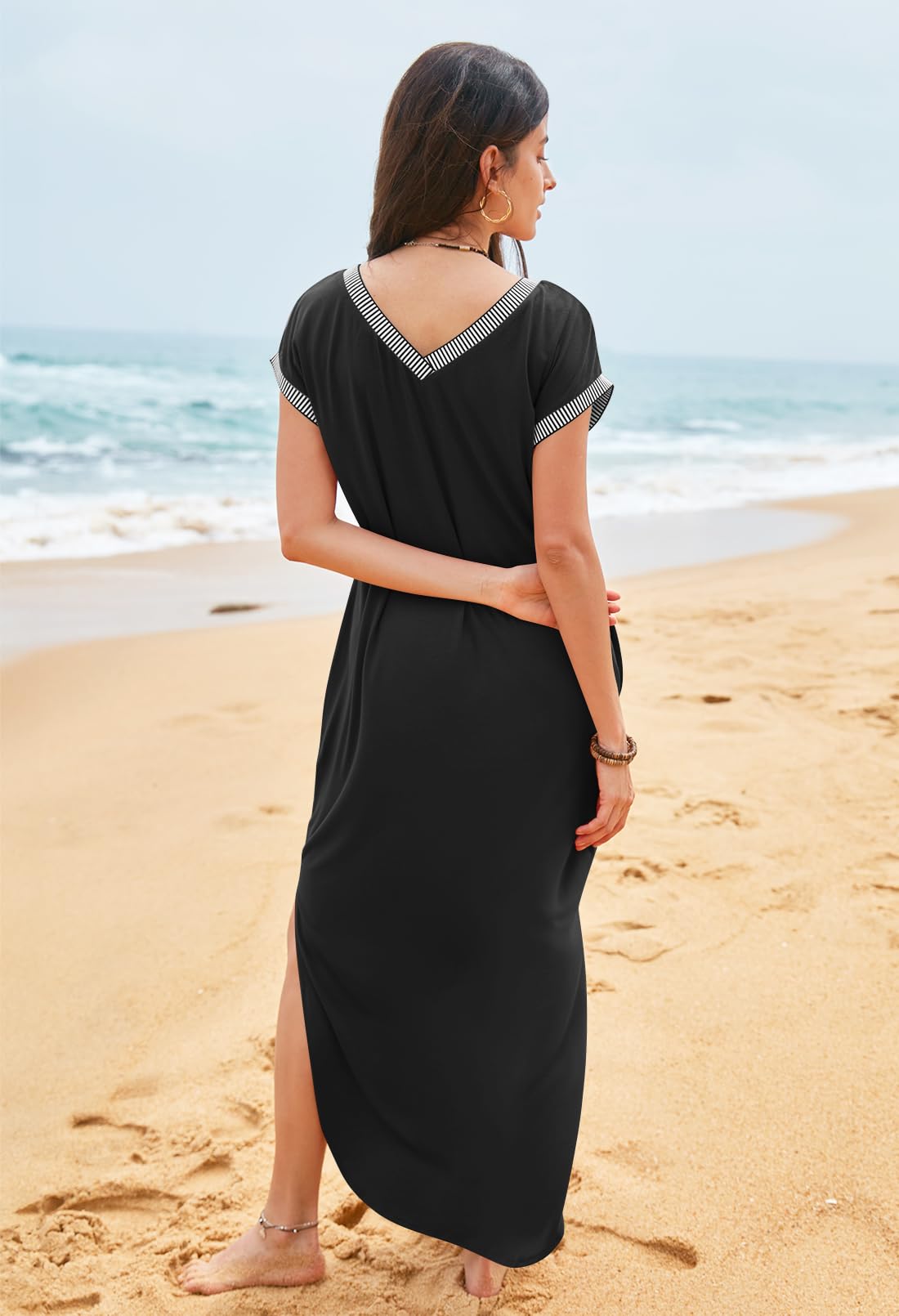 MEROKEETY Women's Maxi Dress 2025 Summer Casual V-Neck Long Beach Dress with Side Slit - Perfect for Vacation, Beach Outings, and Summer Parties