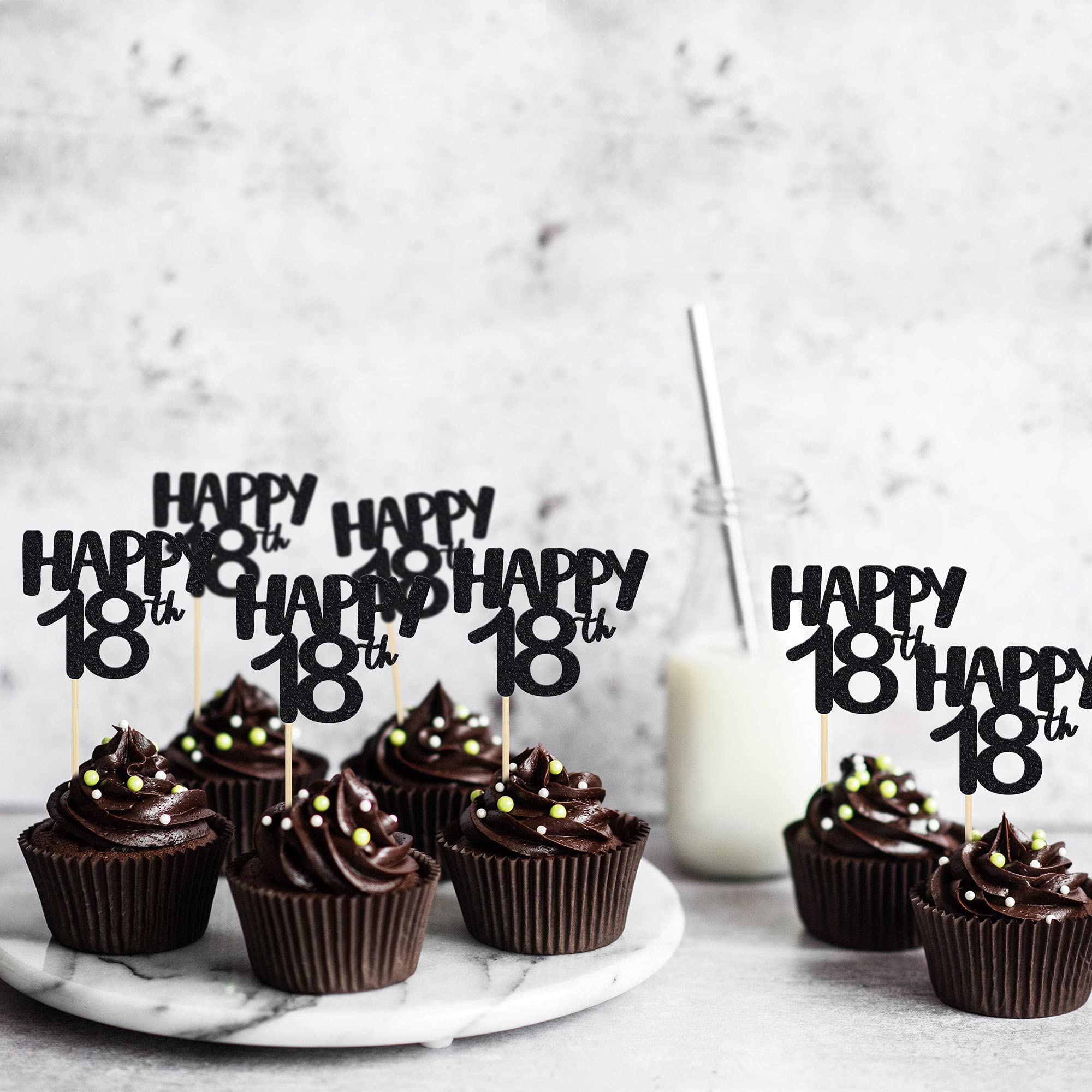 24Pcs Happy 18th Birthday Cupcake Toppers - Black Gold Cake Decorations for 18th Anniversary Party Supplies | Perfect for Teen Birthday Celebrations, Graduation Parties & Milestone Events