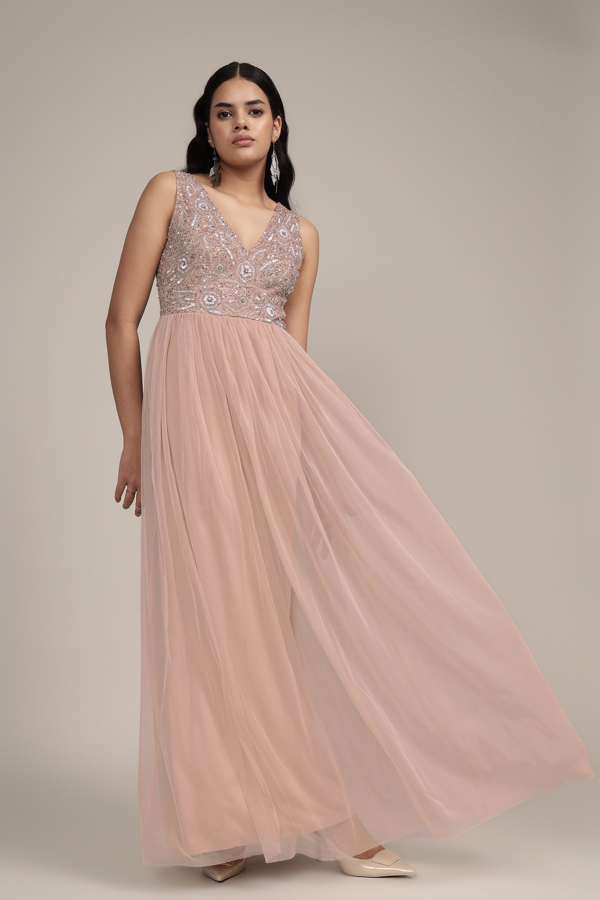 Addie Embellished Maxi Dress in Taupe - Elegant Boho Evening Gown for Weddings, Parties & Special Occasions